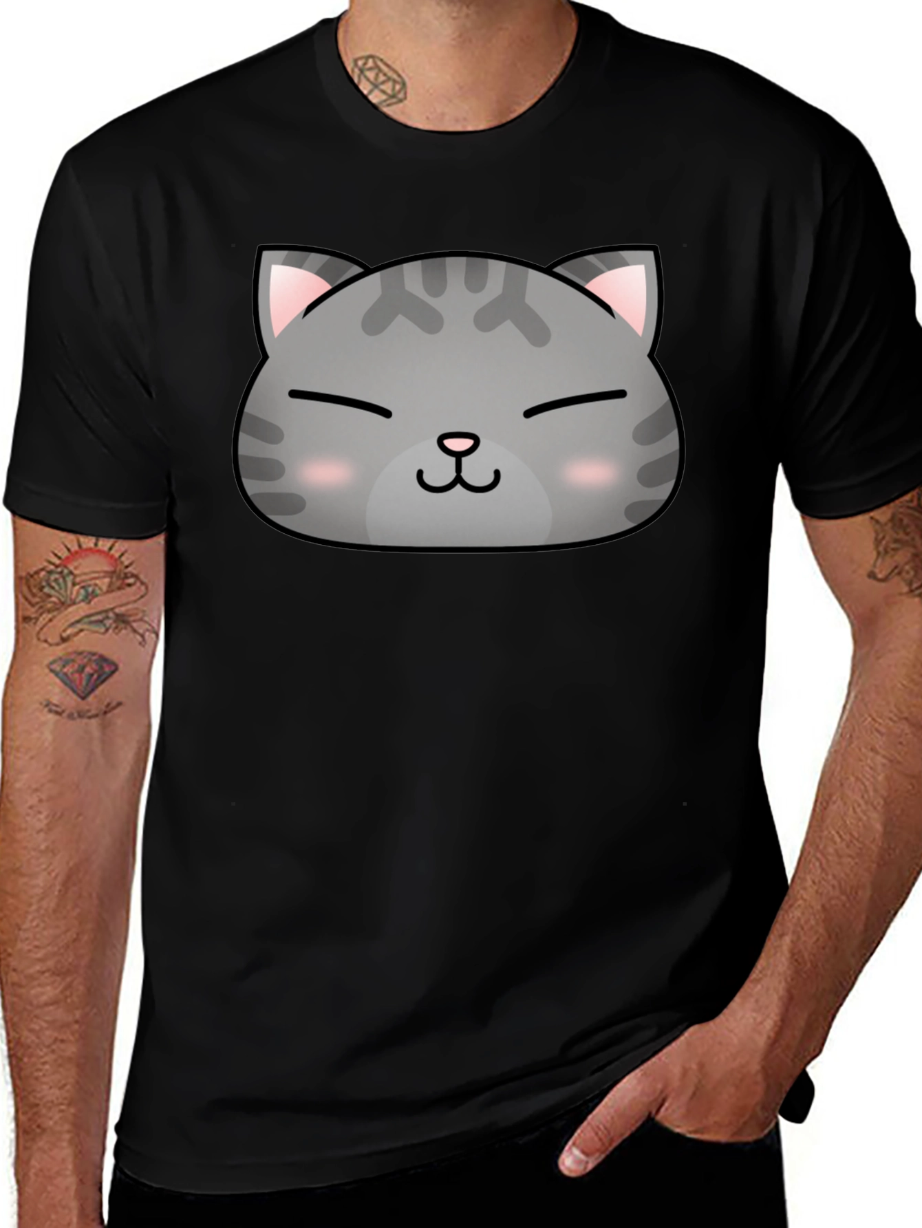 Cute Cat Face Graphic Print Black T-Shirt