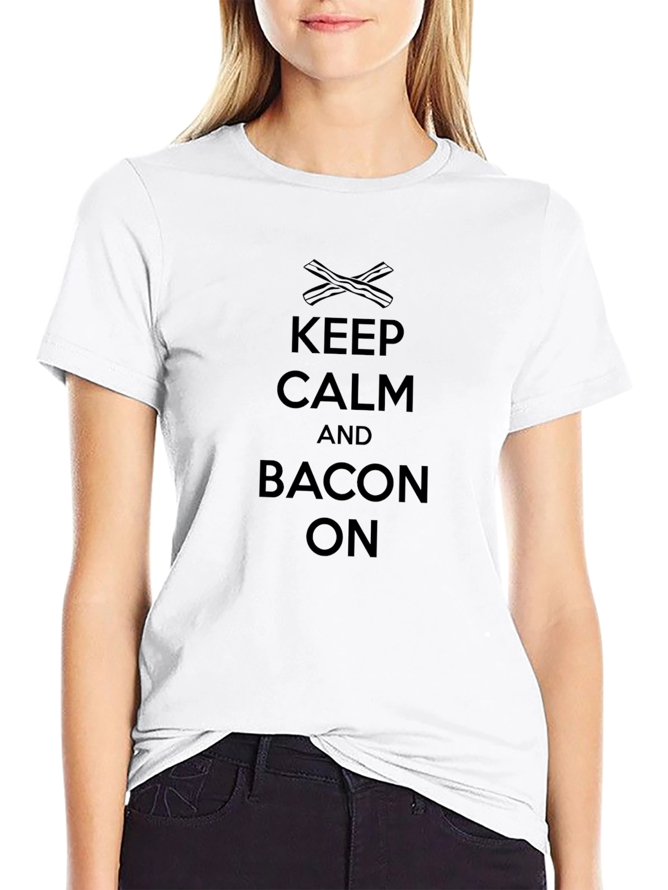 Keep Calm and Bacon On - Black T-Shirt