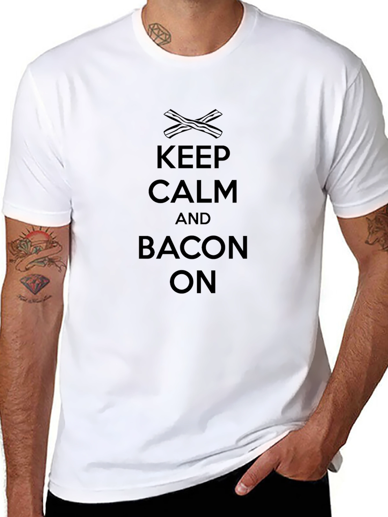 Keep Calm and Bacon On - Black T-Shirt