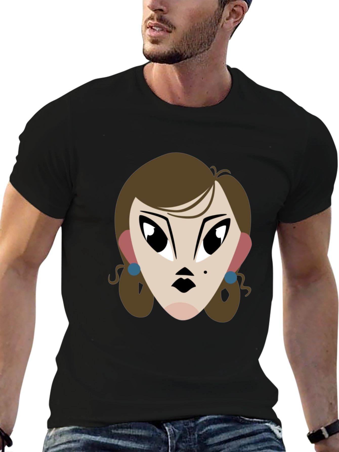 Cartoon Lady Graphic Print Tee - Unisex Black T-Shirt