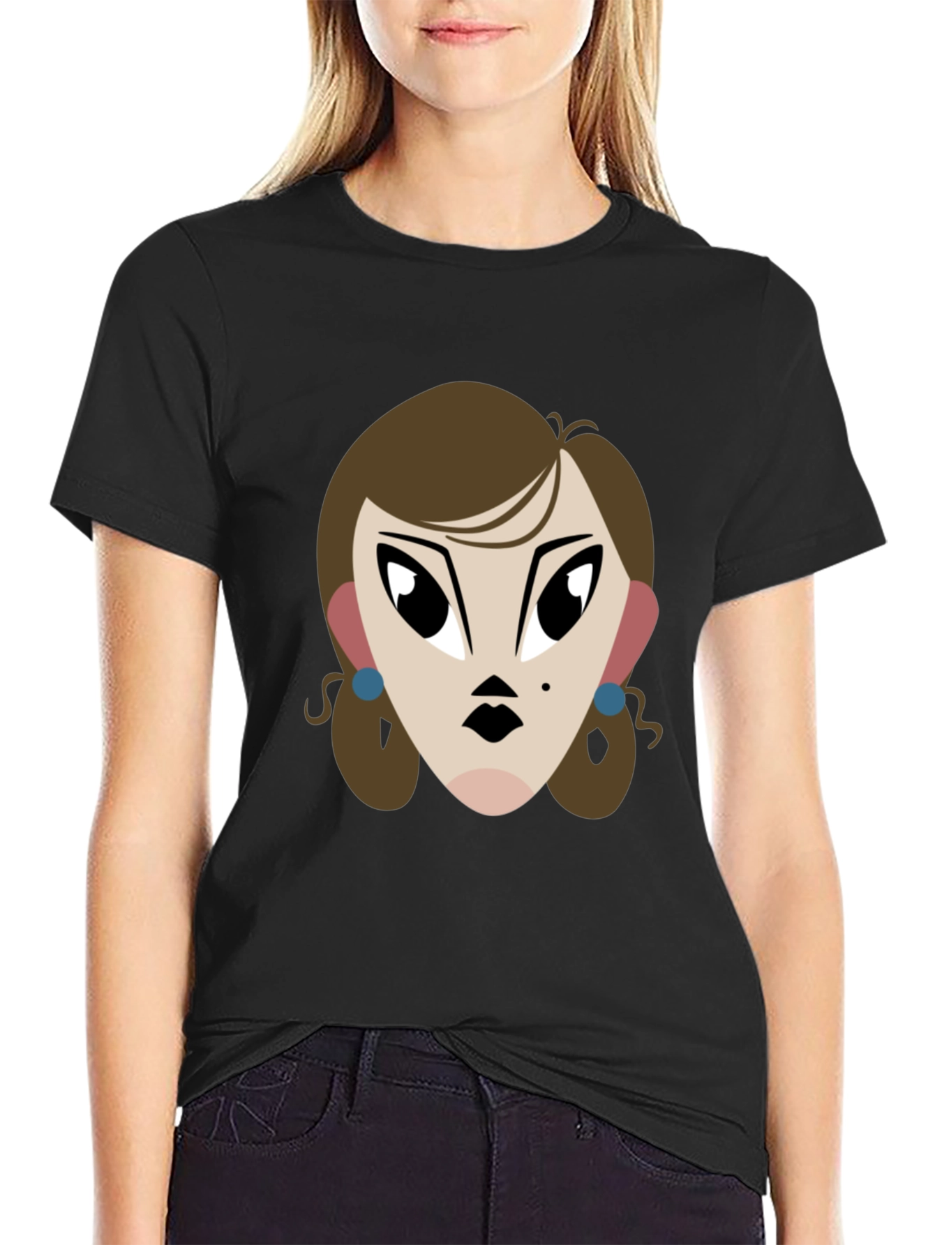 Cartoon Lady Graphic Print Tee - Unisex Black T-Shirt