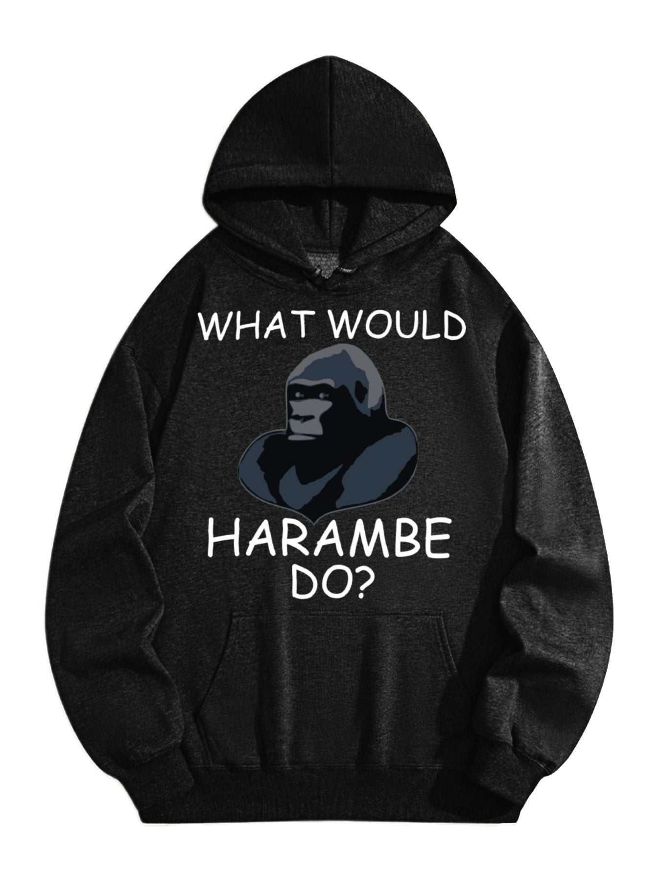 Funny Gorilla Meme Hoodie – “What Would He Do?” Graphic Pullover, Black Unisex Casual Sweatshirt for Humor Lovers