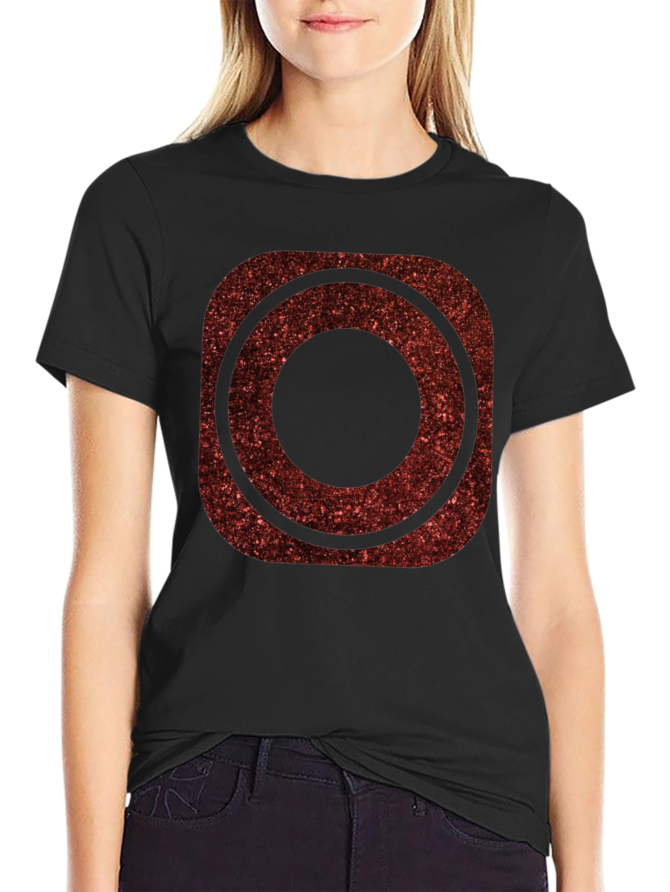 Red Glitter Circle Graphic Tee - Trendy Casual Shirt