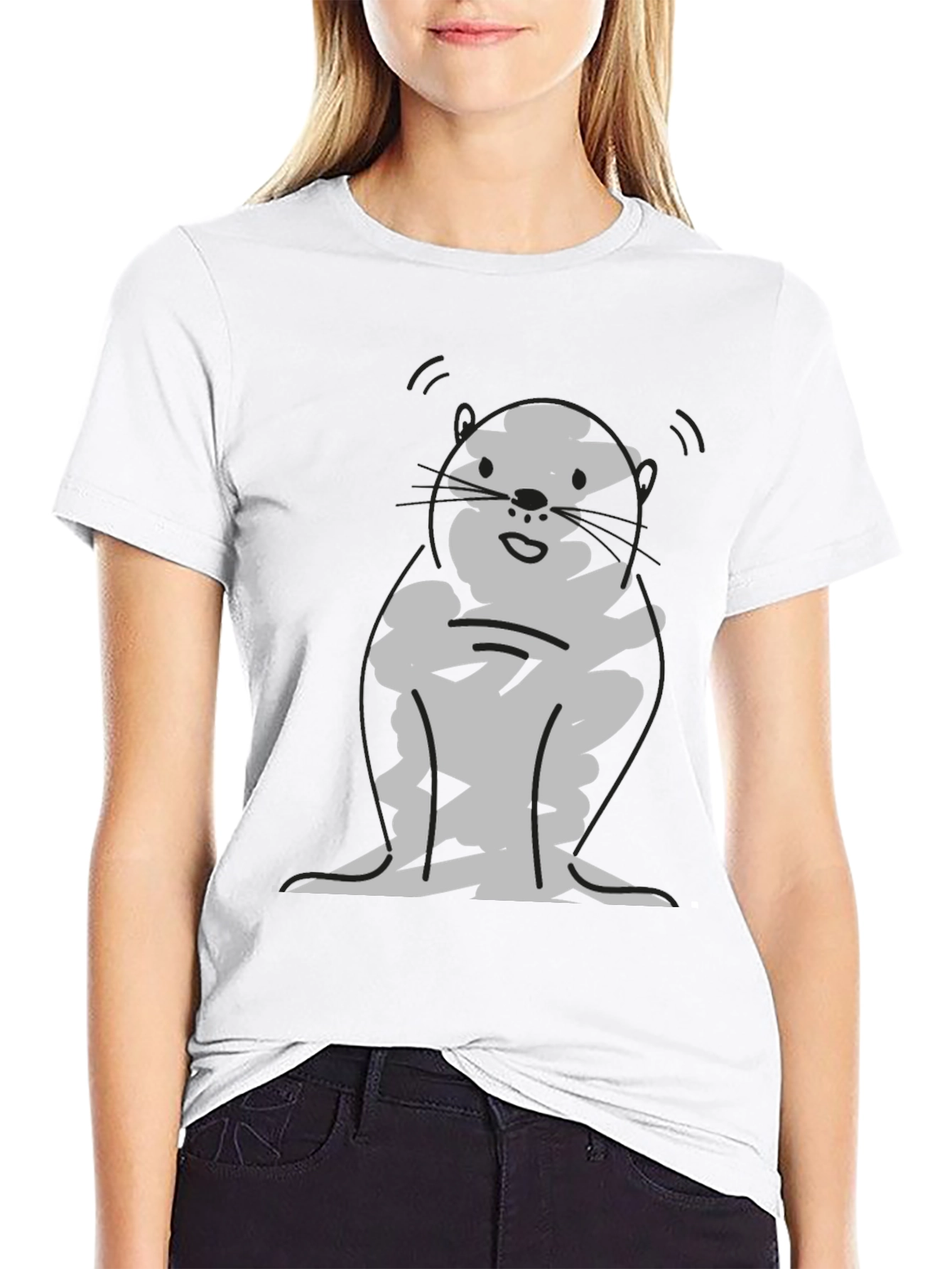 Cartoon Otter Graphic T-Shirt - Black