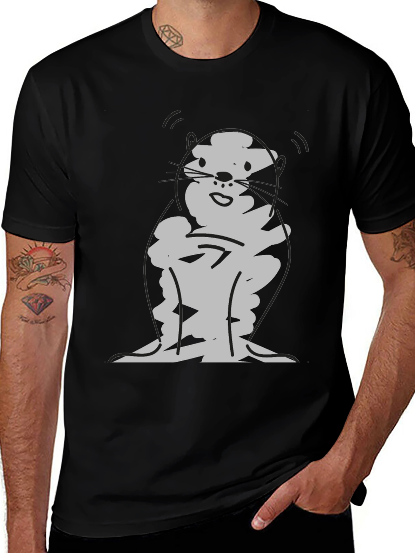 Cartoon Otter Graphic T-Shirt - Black