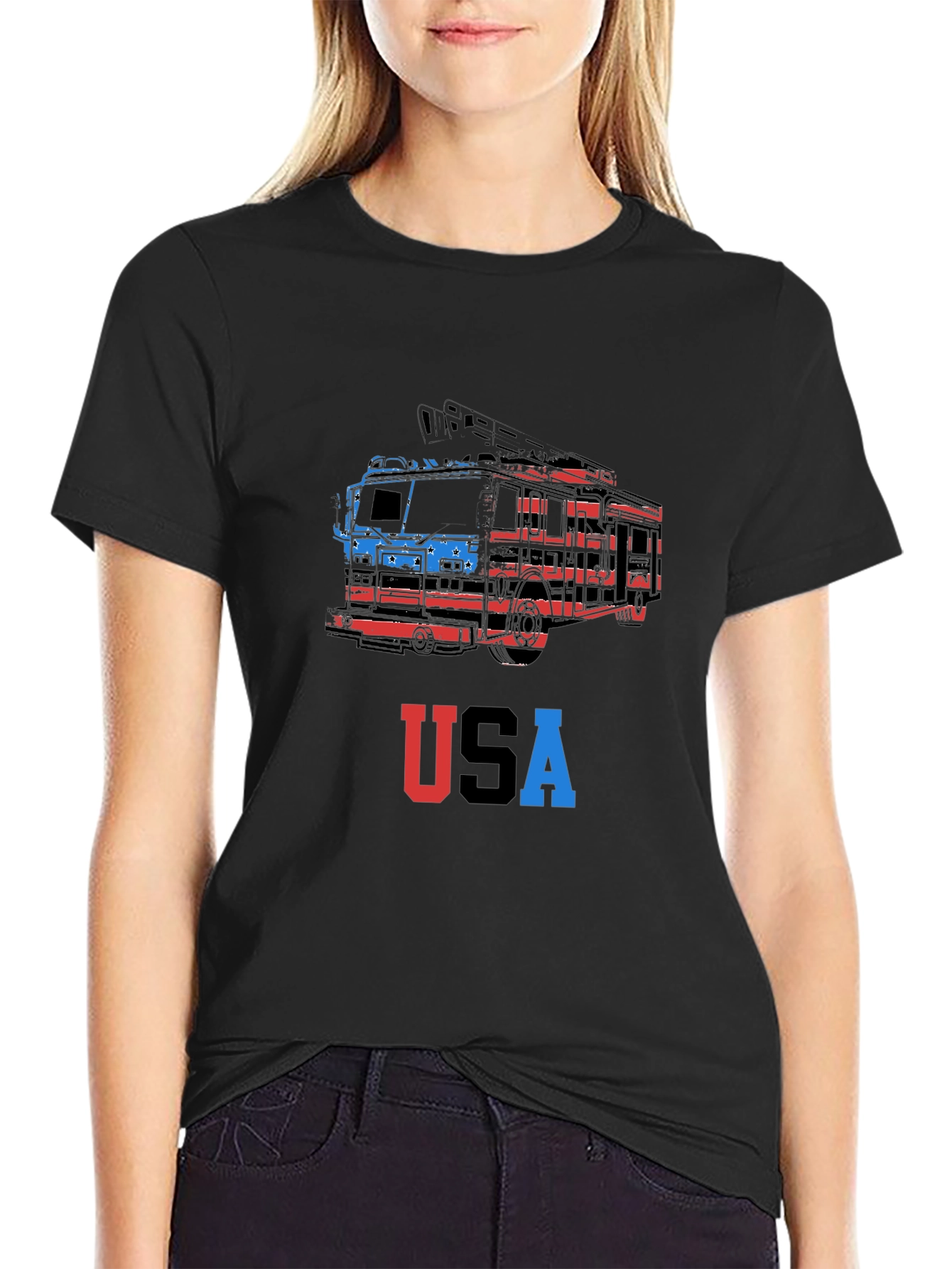 USA Firetruck Graphic Tee - Patriotic Style