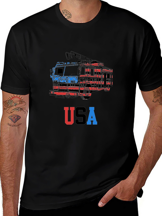 USA Firetruck Graphic Tee - Patriotic Style