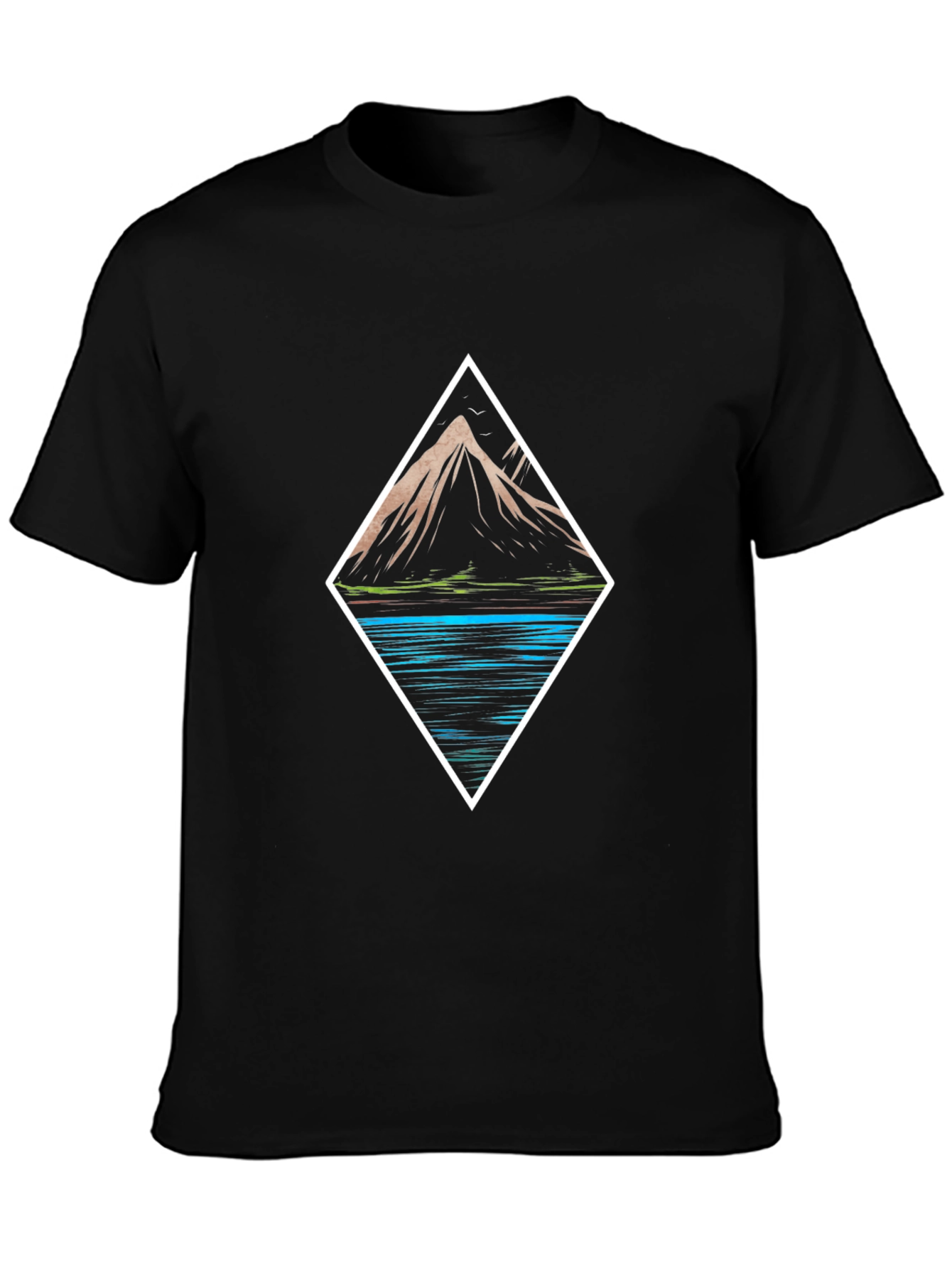 Mountain & Lake Graphic Tee - Black Cotton T-Shirt