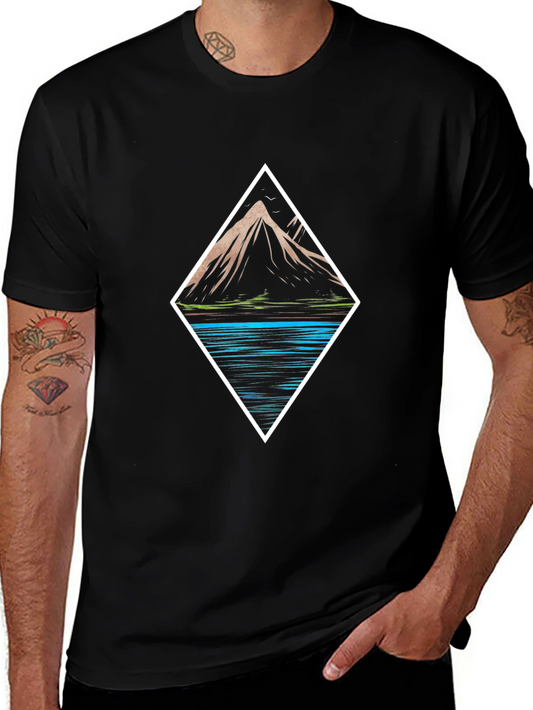 Mountain & Lake Graphic Tee - Black Cotton T-Shirt