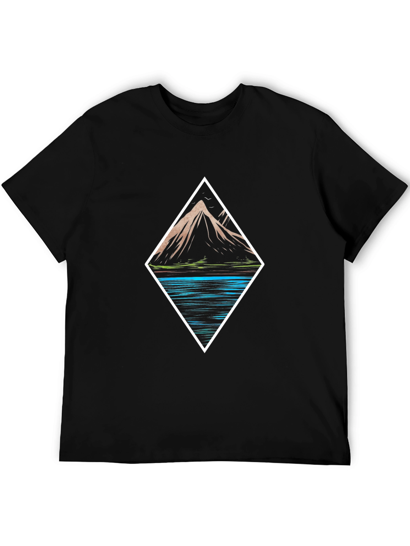 Mountain & Lake Graphic Tee - Black Cotton T-Shirt
