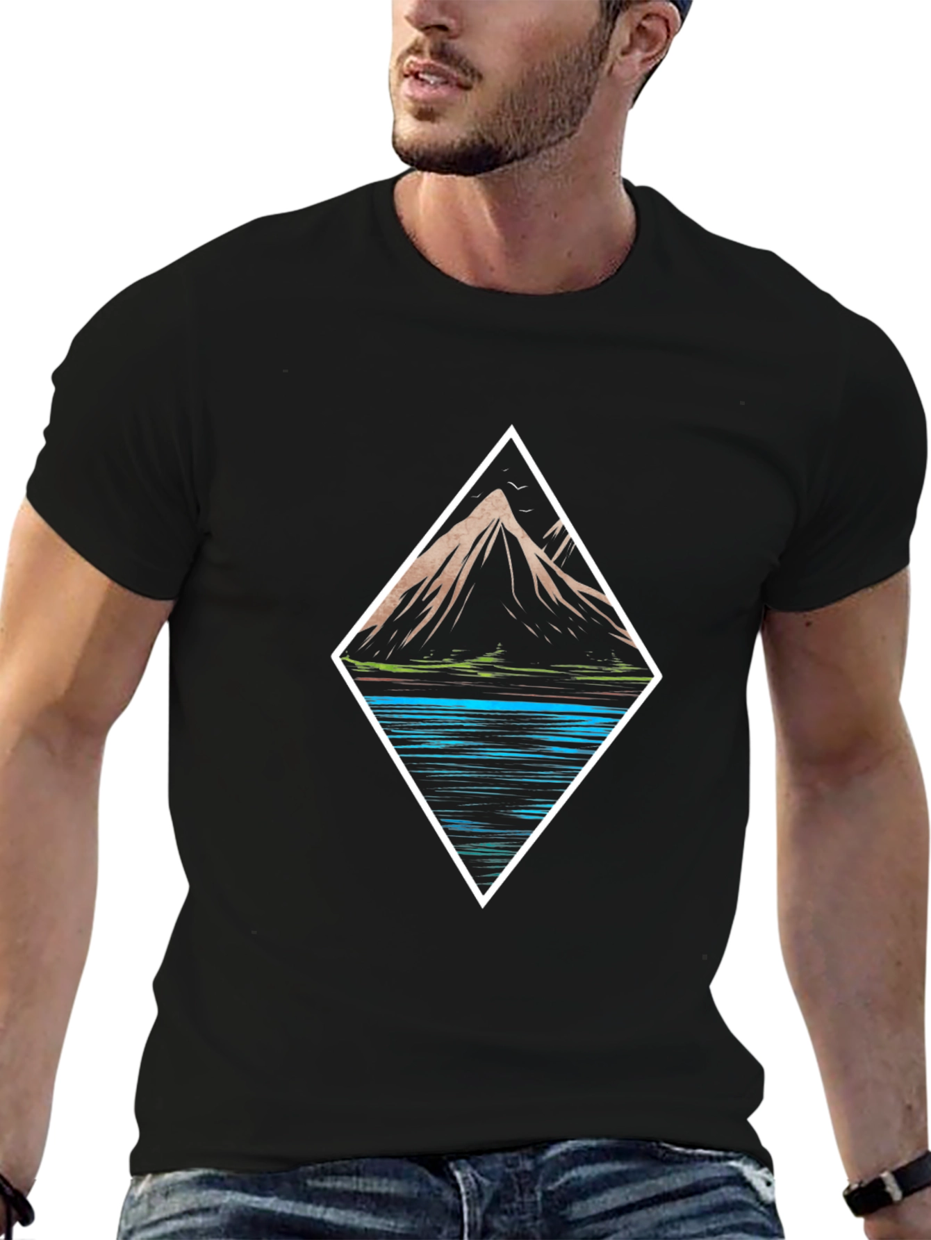Mountain & Lake Graphic Tee - Black Cotton T-Shirt