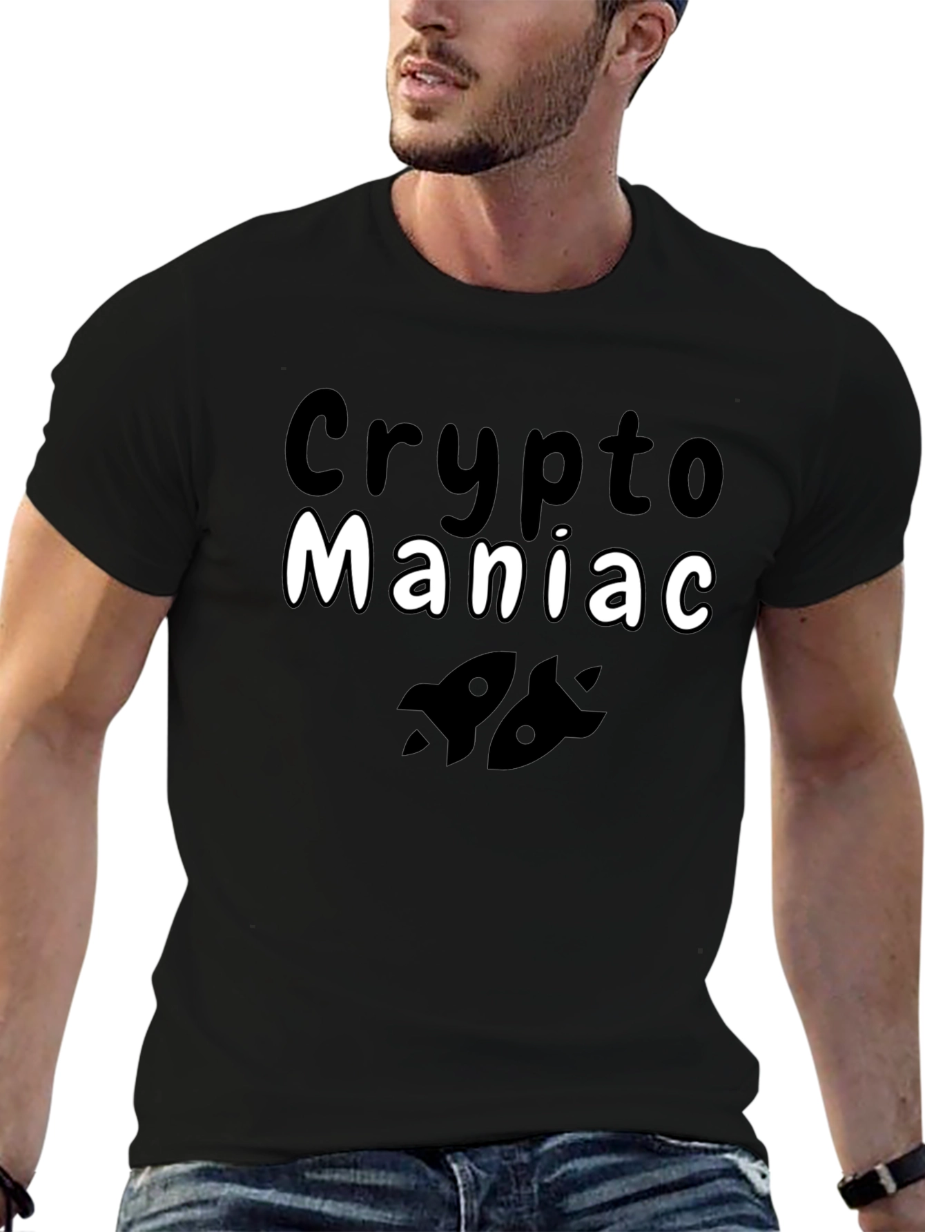 Crypto Maniac T-Shirt - Black Cotton Blend Rocket Design