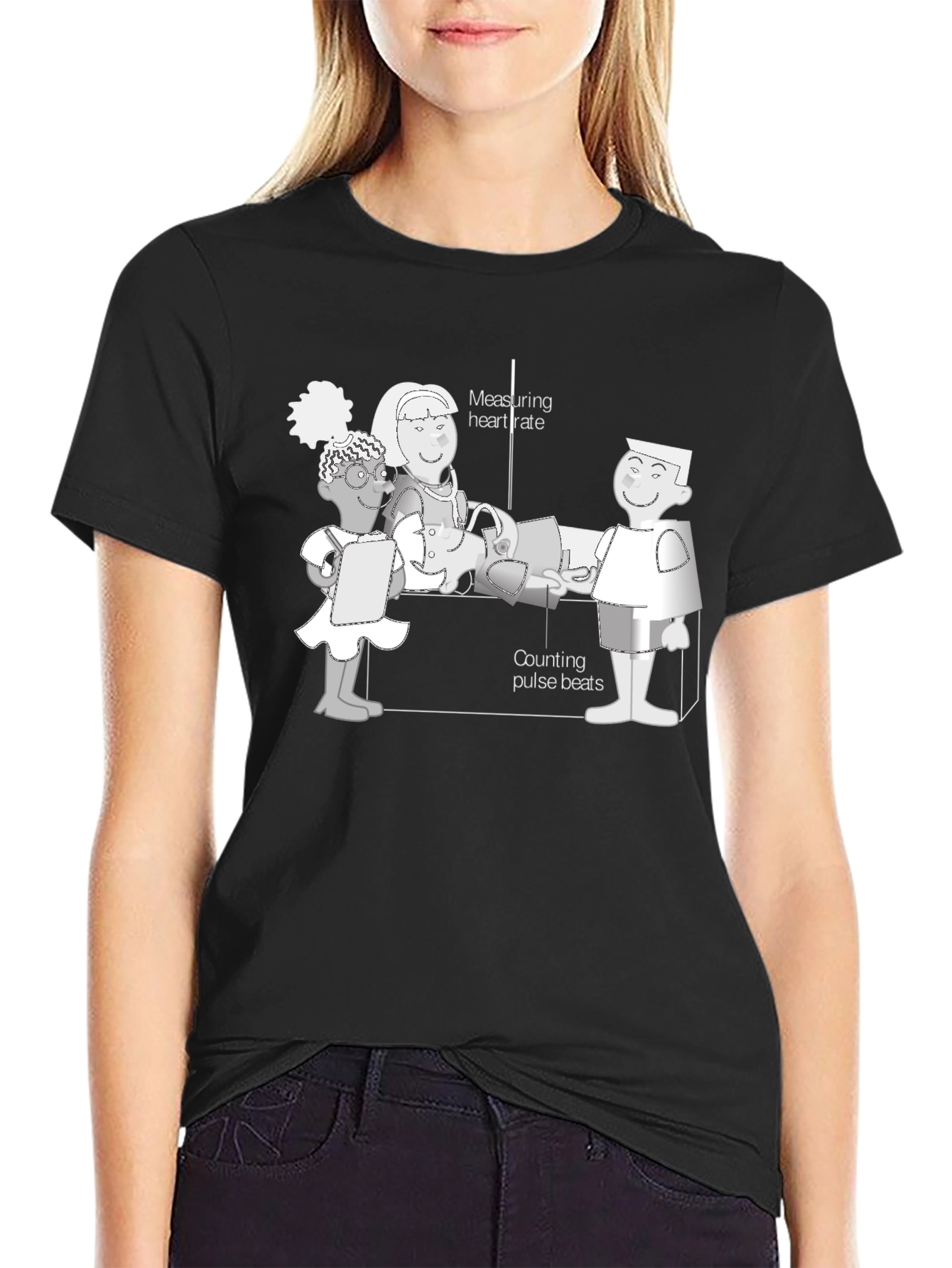 Cartoon Health Check T-Shirt - Black Cotton Tee
