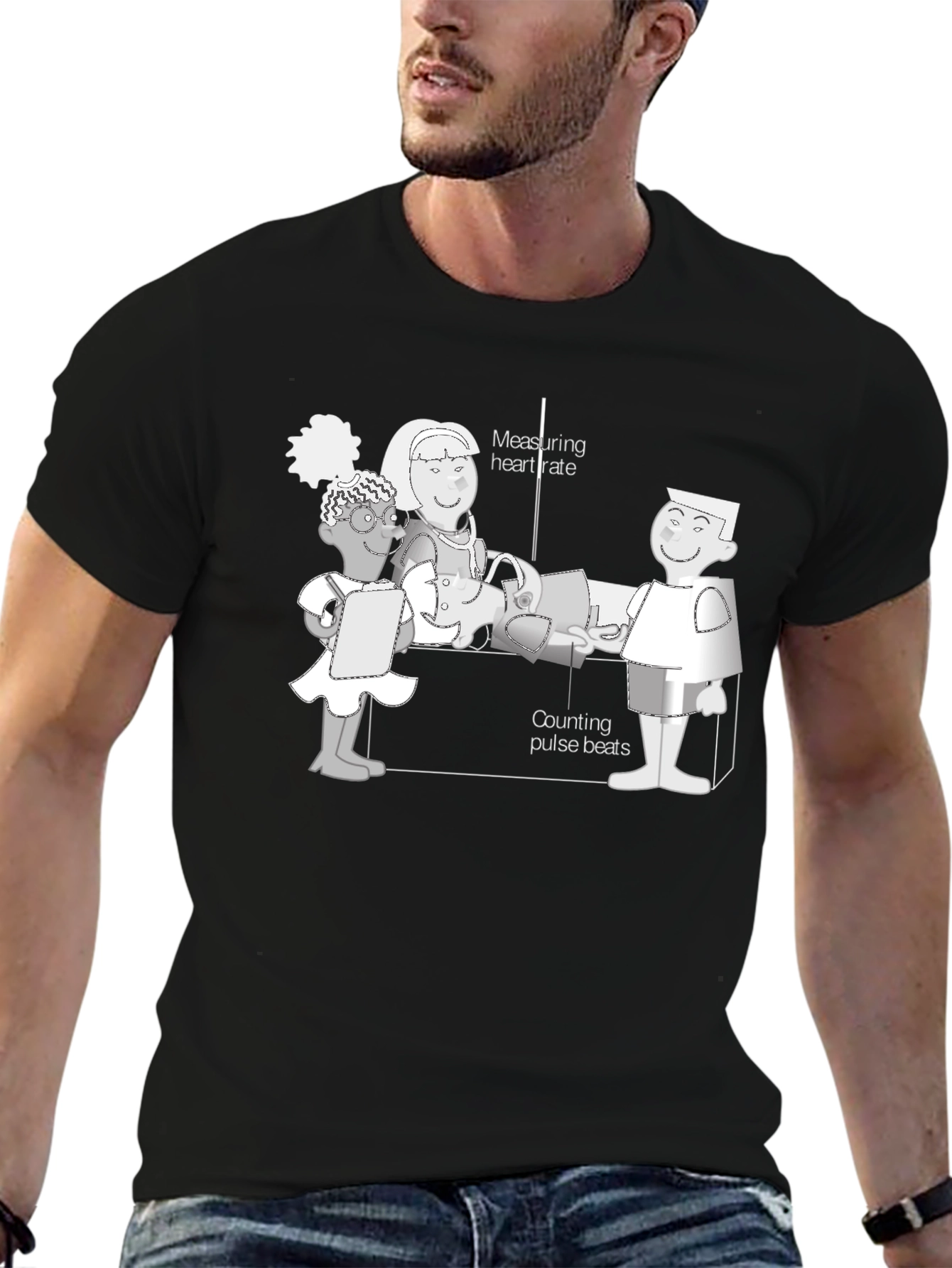 Cartoon Health Check T-Shirt - Black Cotton Tee