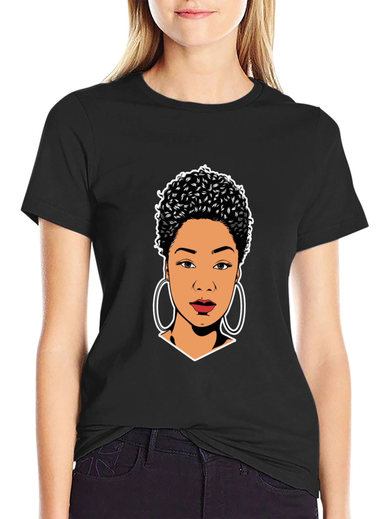 Stylish Black T-Shirt with Woman Portrait Graphic