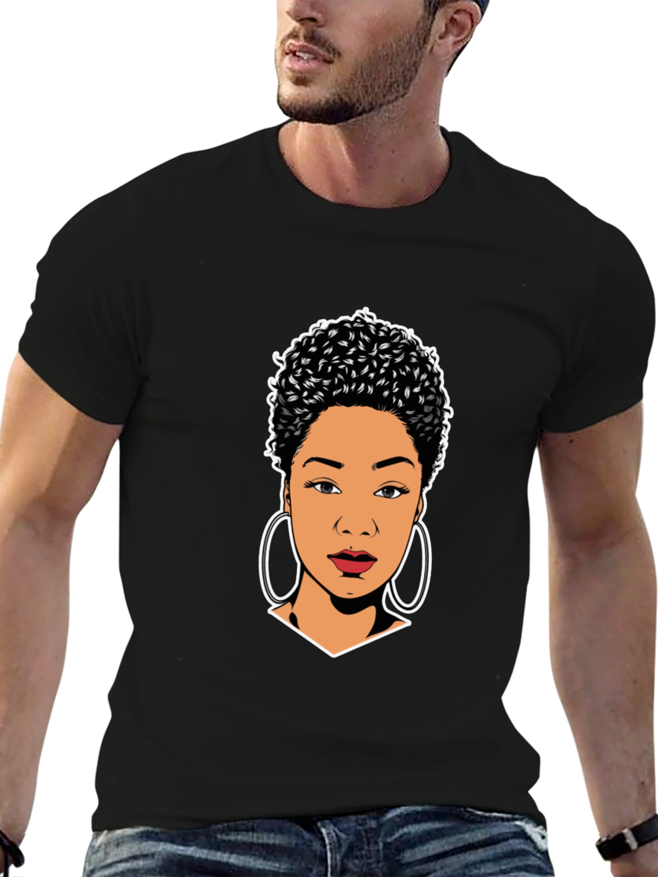 Stylish Black T-Shirt with Woman Portrait Graphic