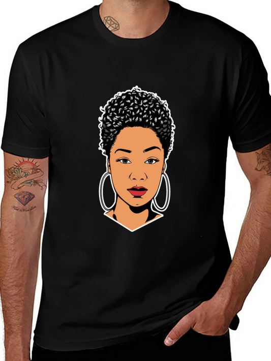 Stylish Black T-Shirt with Woman Portrait Graphic