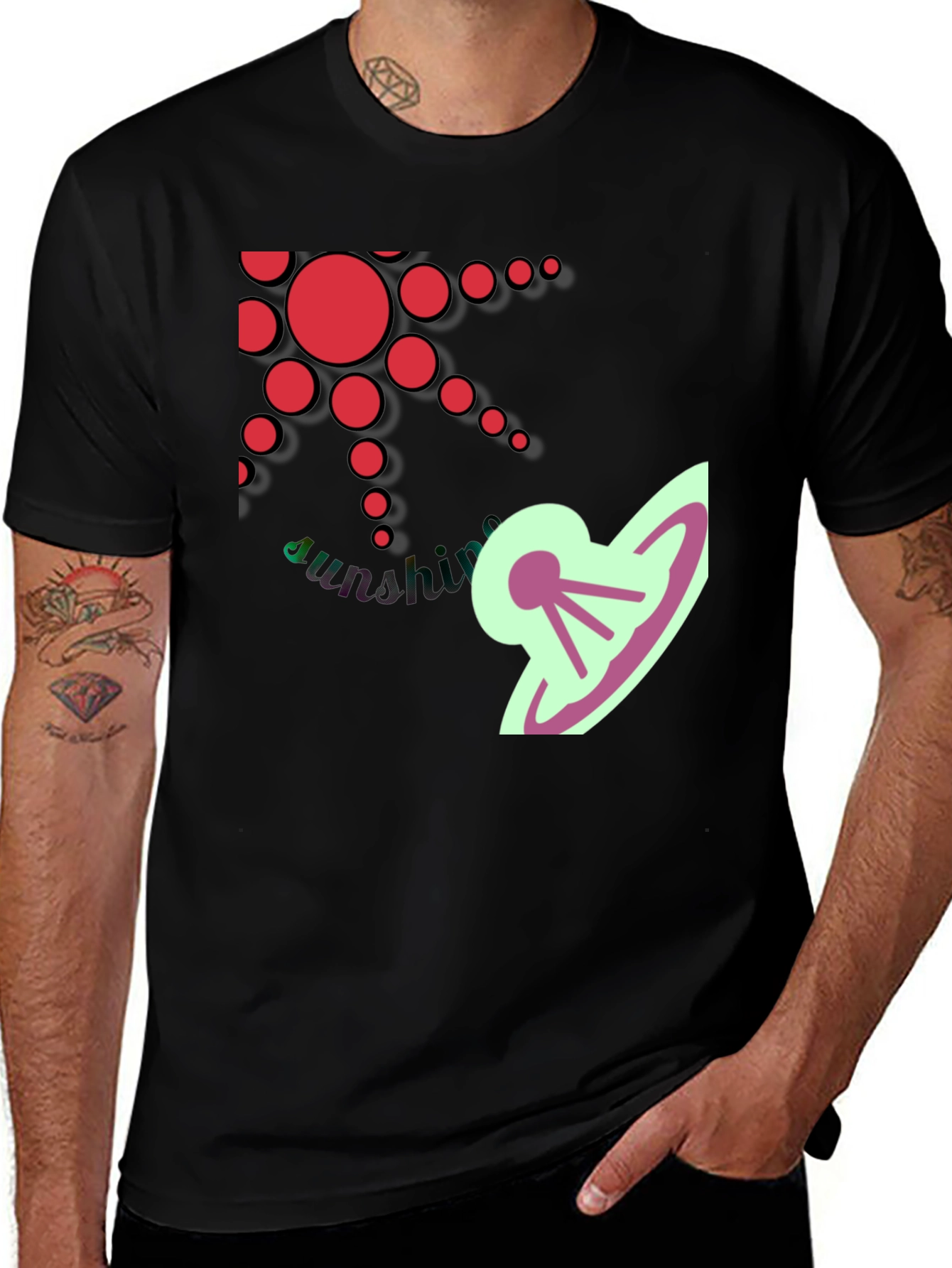 Stylish Black T-Shirt with Sun and UFO Design