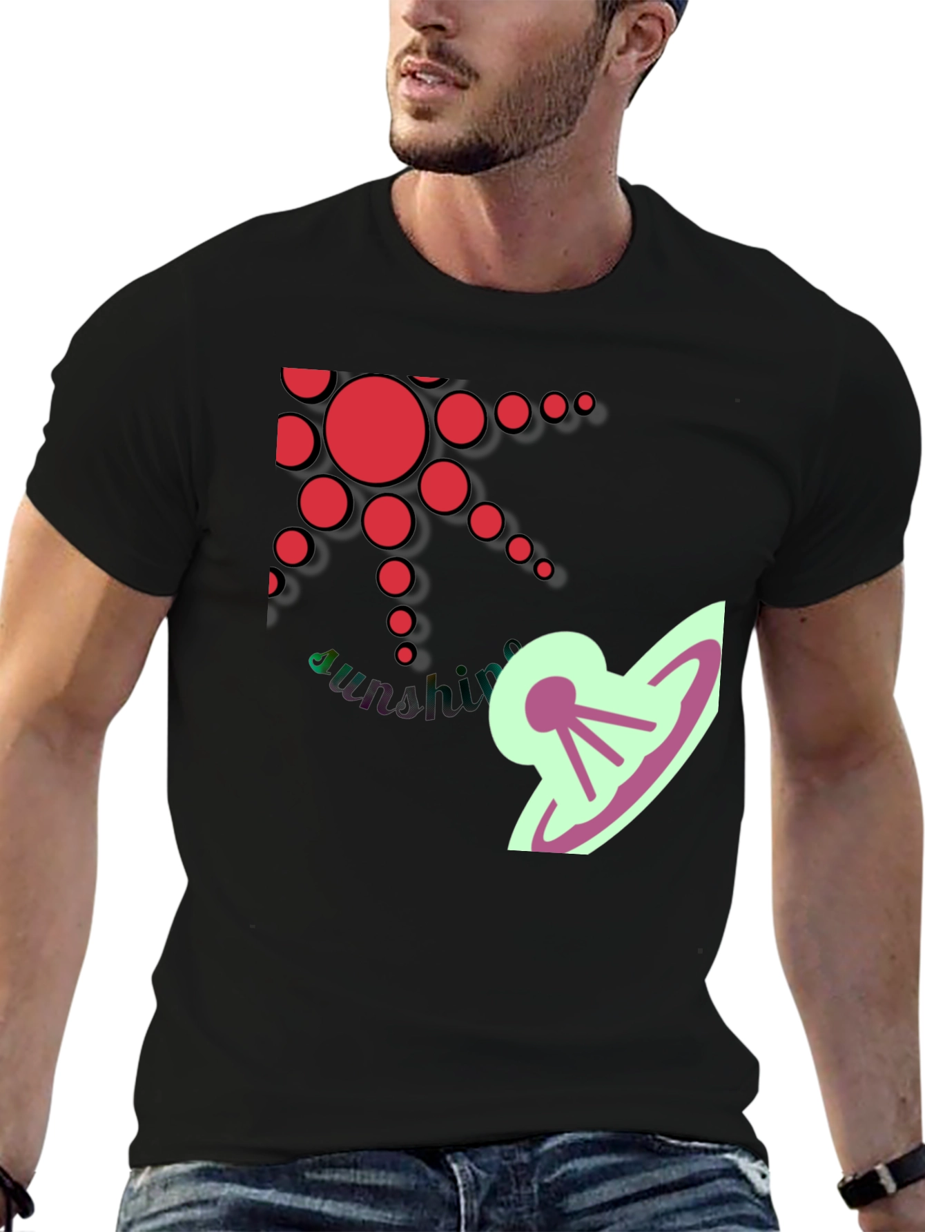 Stylish Black T-Shirt with Sun and UFO Design