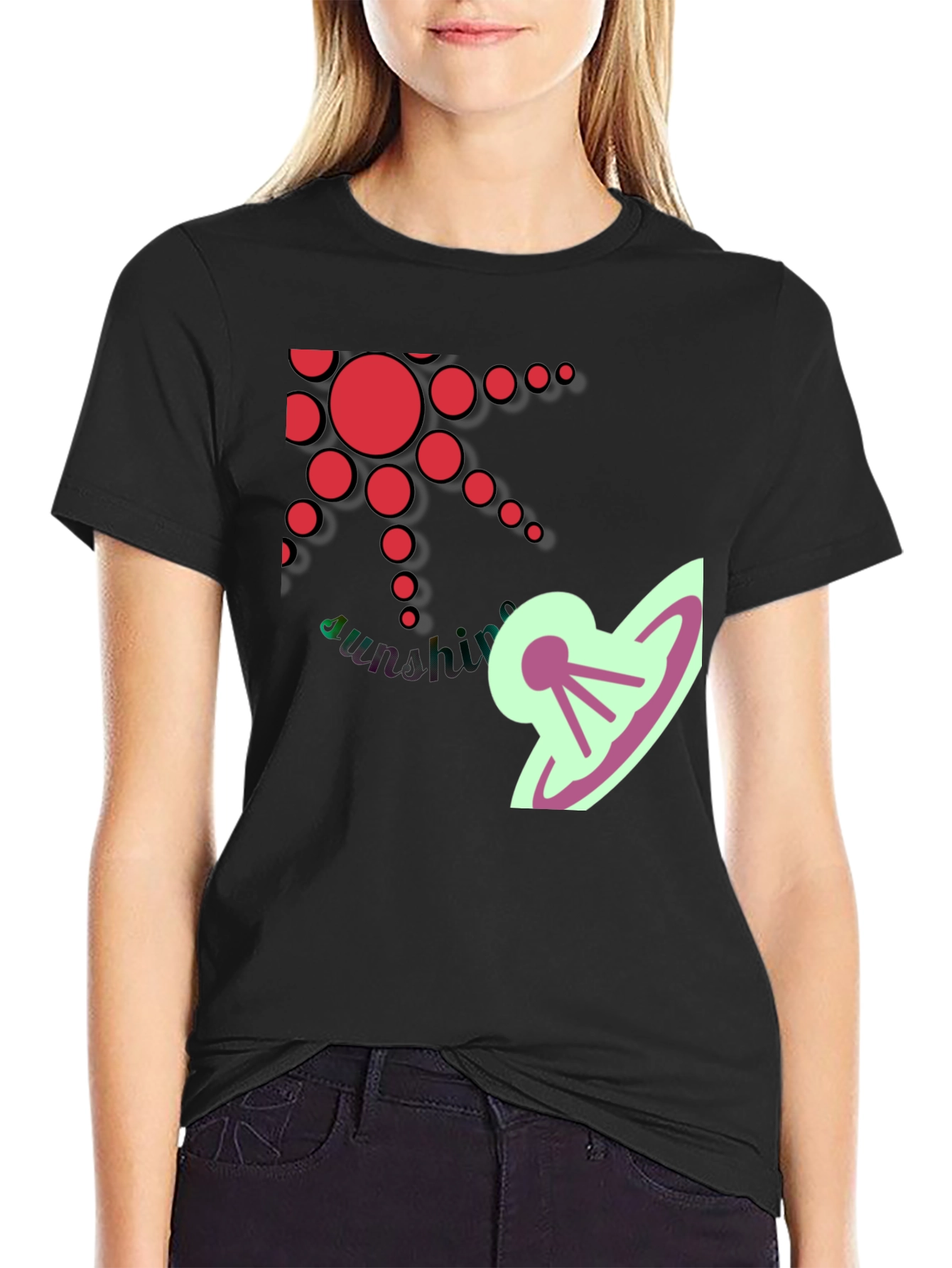 Stylish Black T-Shirt with Sun and UFO Design