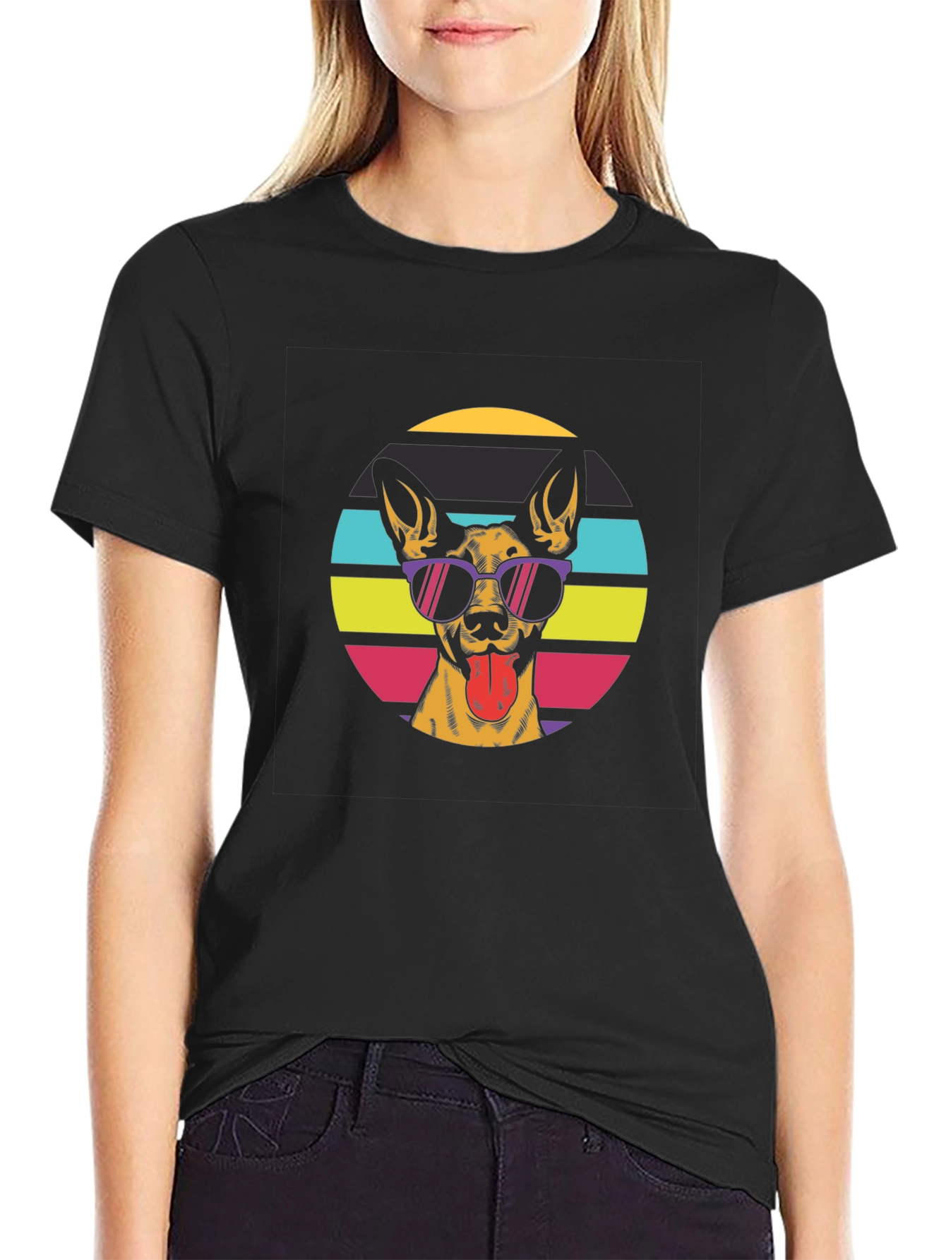 Cool Dog Retro Sunset Black T-Shirt