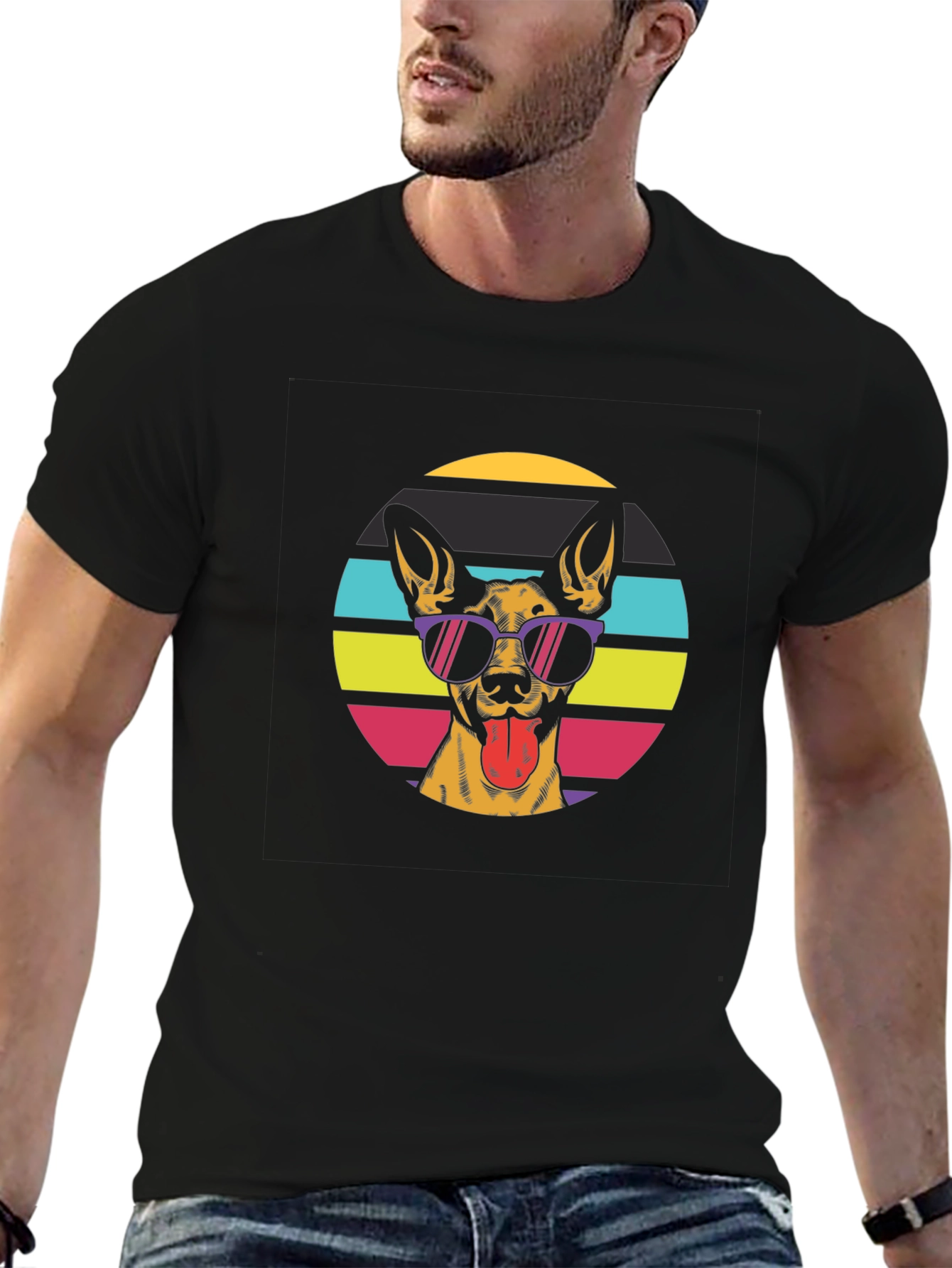 Cool Dog Retro Sunset Black T-Shirt