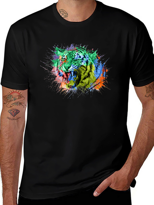 Colorful Tiger Splash Graphic Black T-Shirt