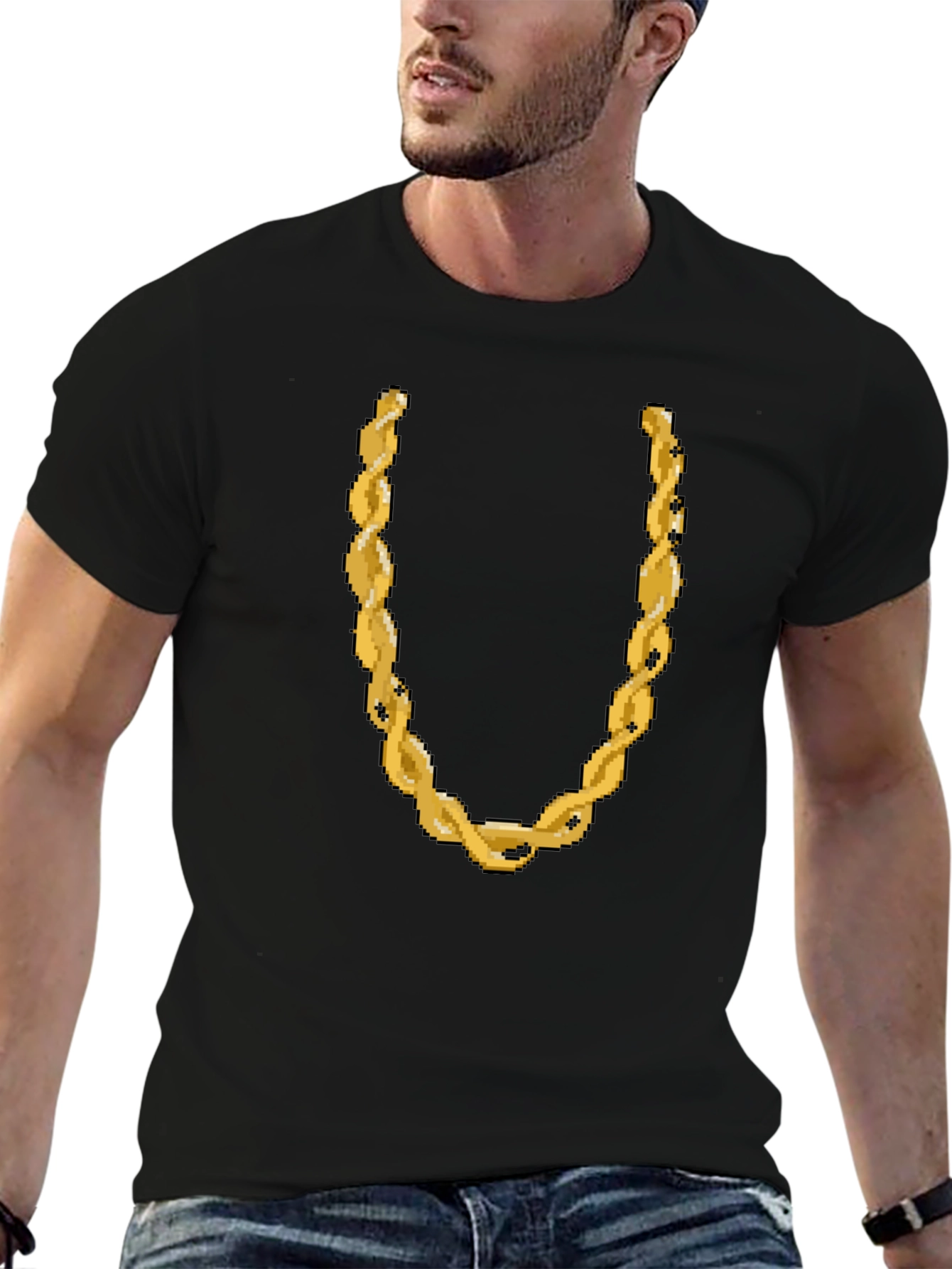 Pixelated Gold Chain Graphic Tee - Black