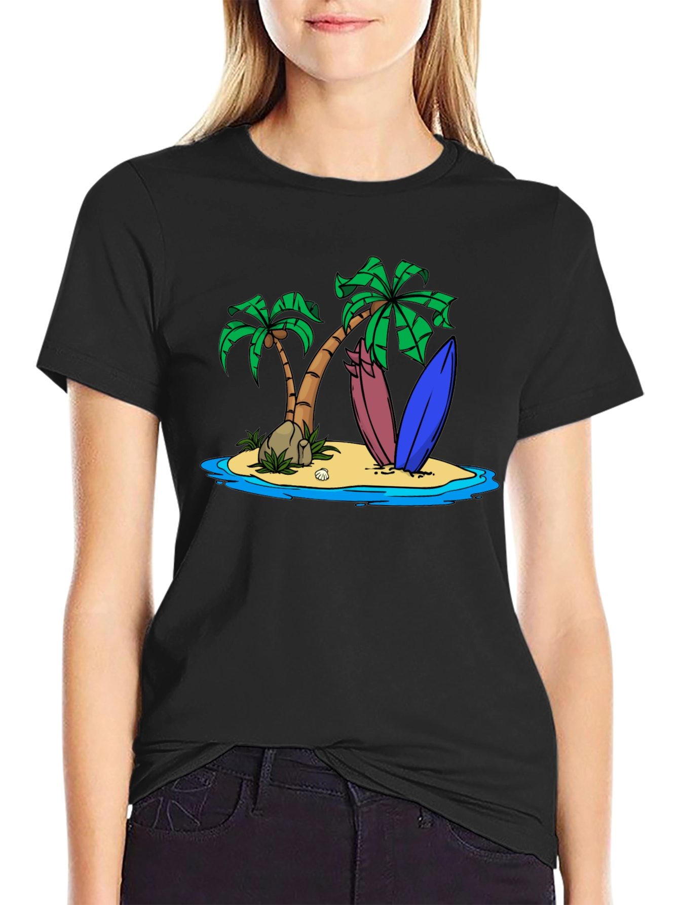 Island Surfboard Graphic Tee - Black Cotton T-Shirt
