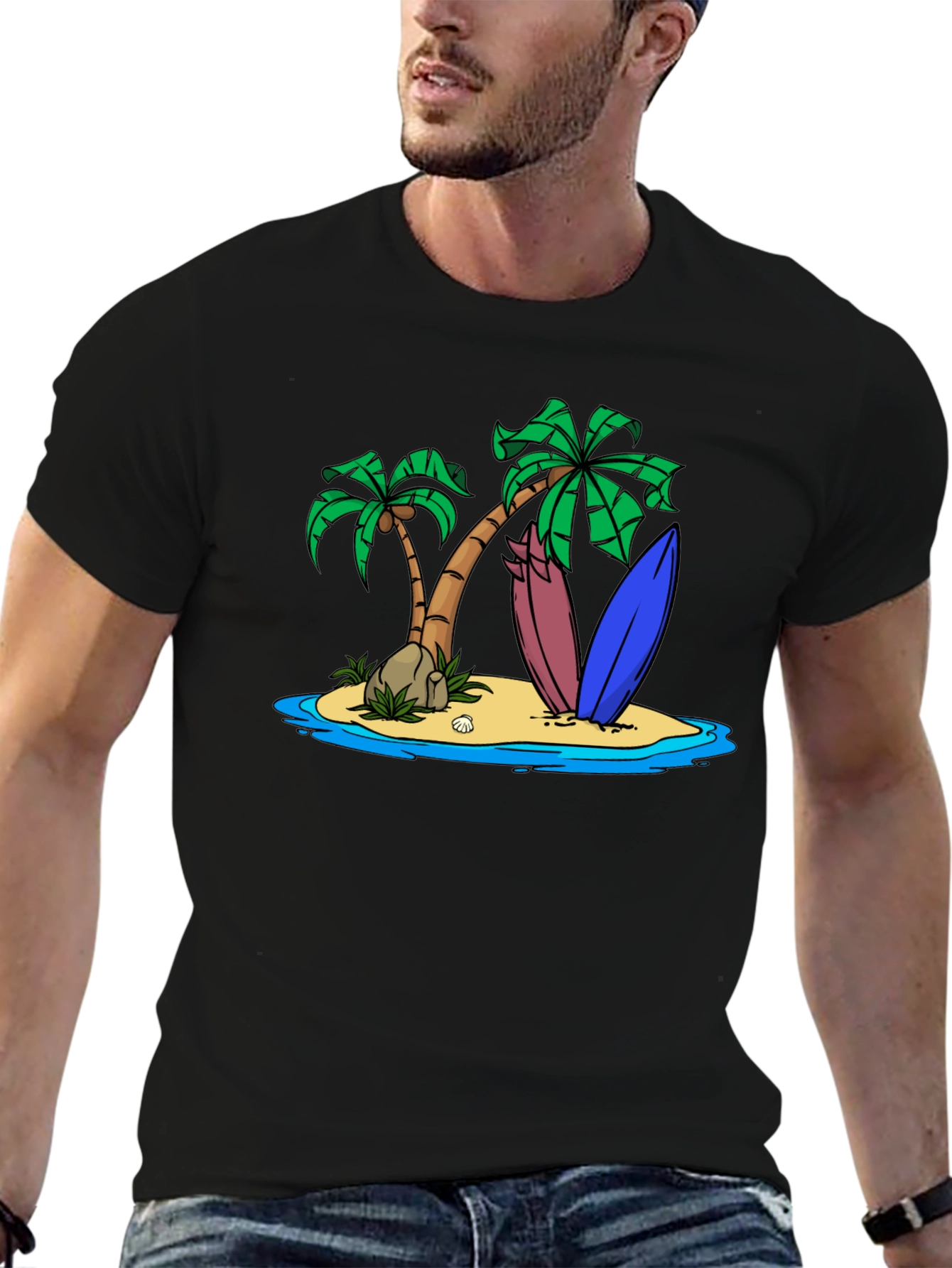 Island Surfboard Graphic Tee - Black Cotton T-Shirt