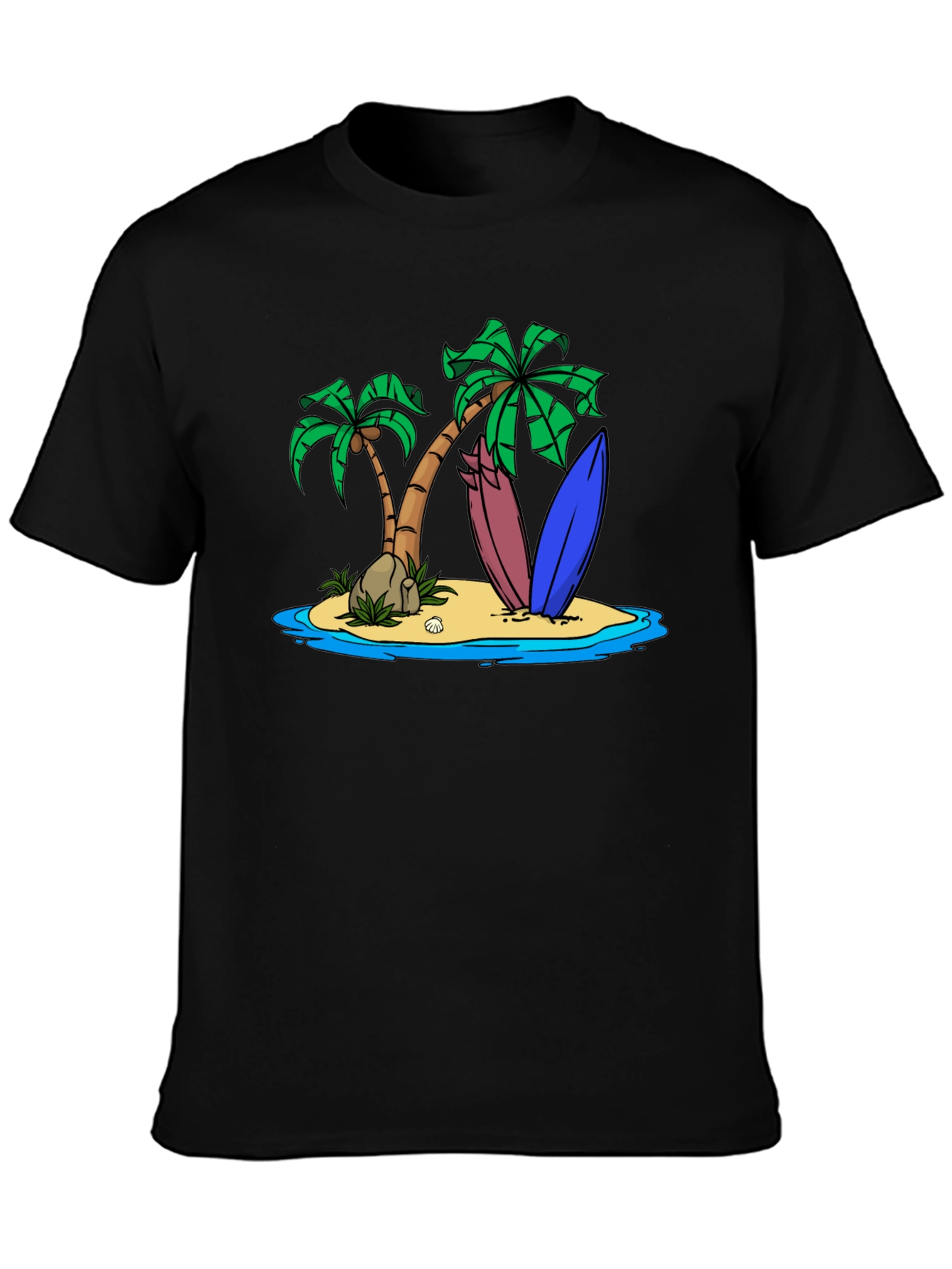 Island Surfboard Graphic Tee - Black Cotton T-Shirt
