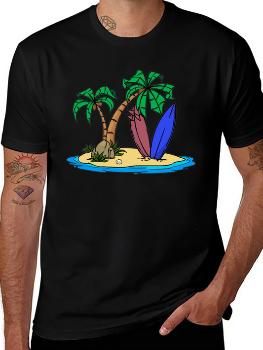 Island Surfboard Graphic Tee - Black Cotton T-Shirt