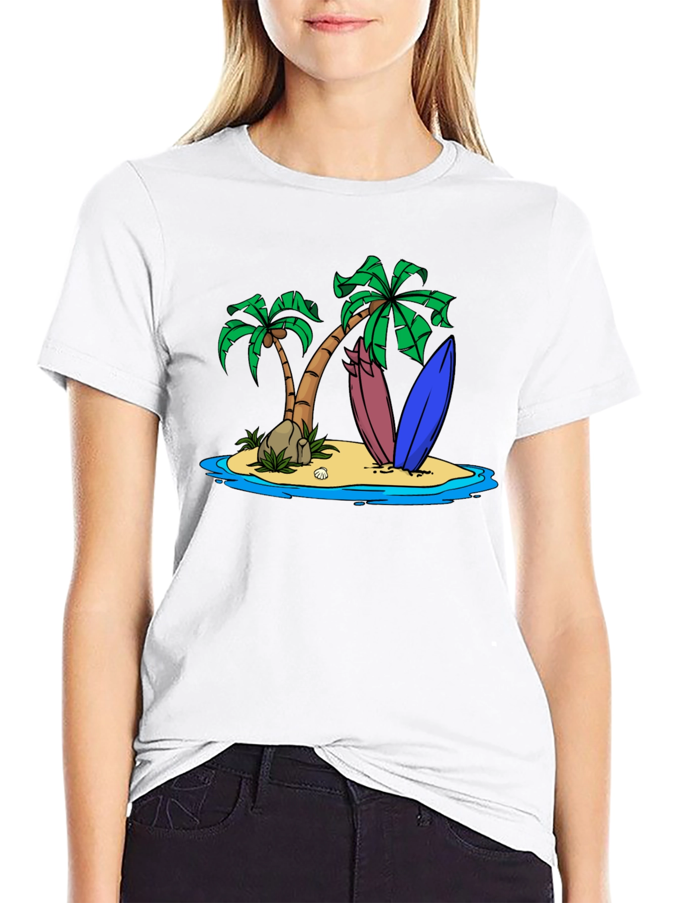 Island Surfboard Graphic Tee - Black Cotton T-Shirt