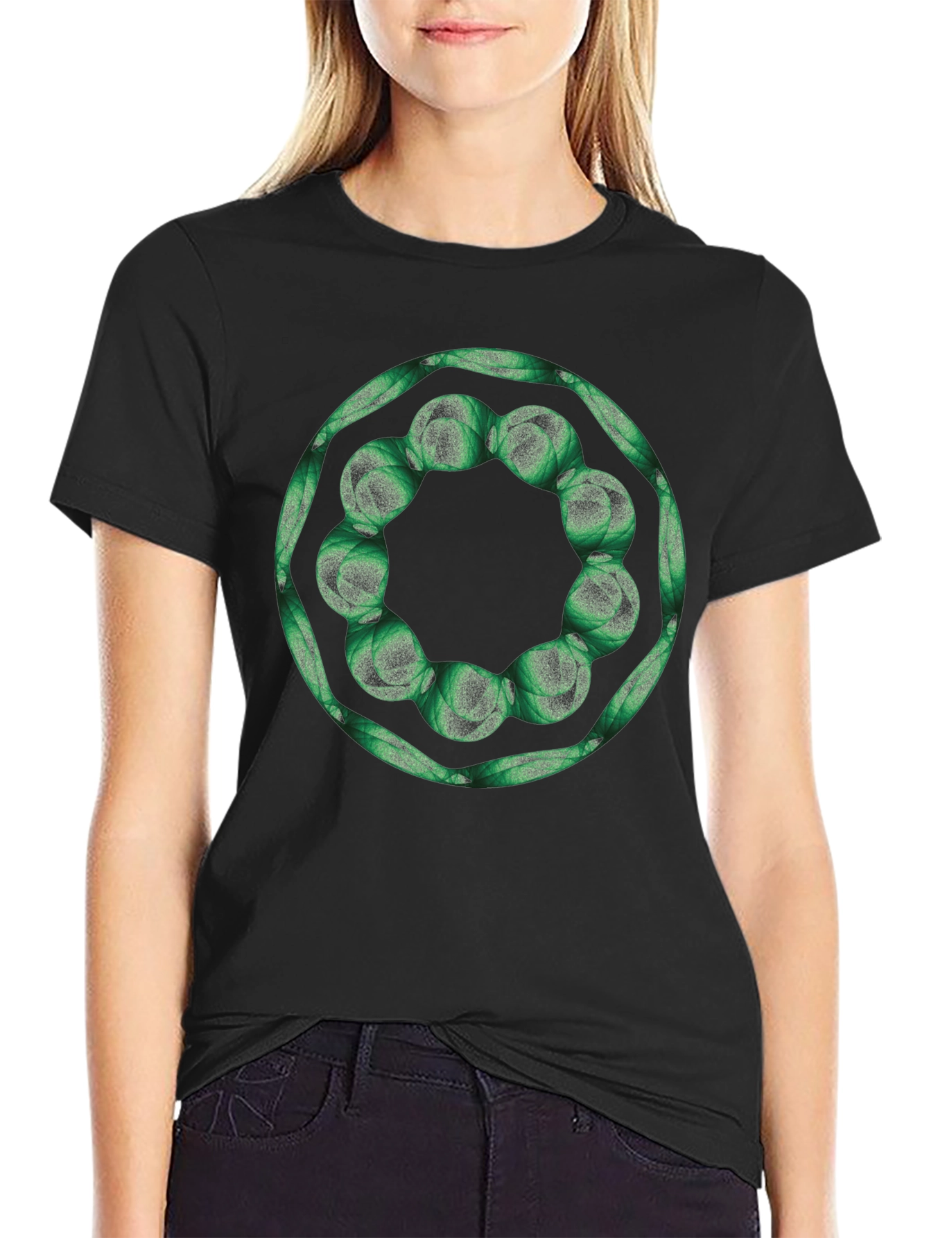 Geometric Green Floral Ring Black T-Shirt
