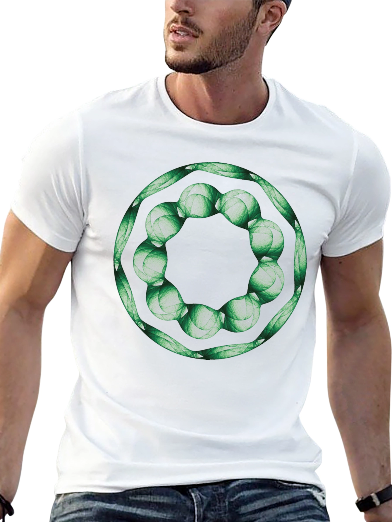 Geometric Green Floral Ring Black T-Shirt