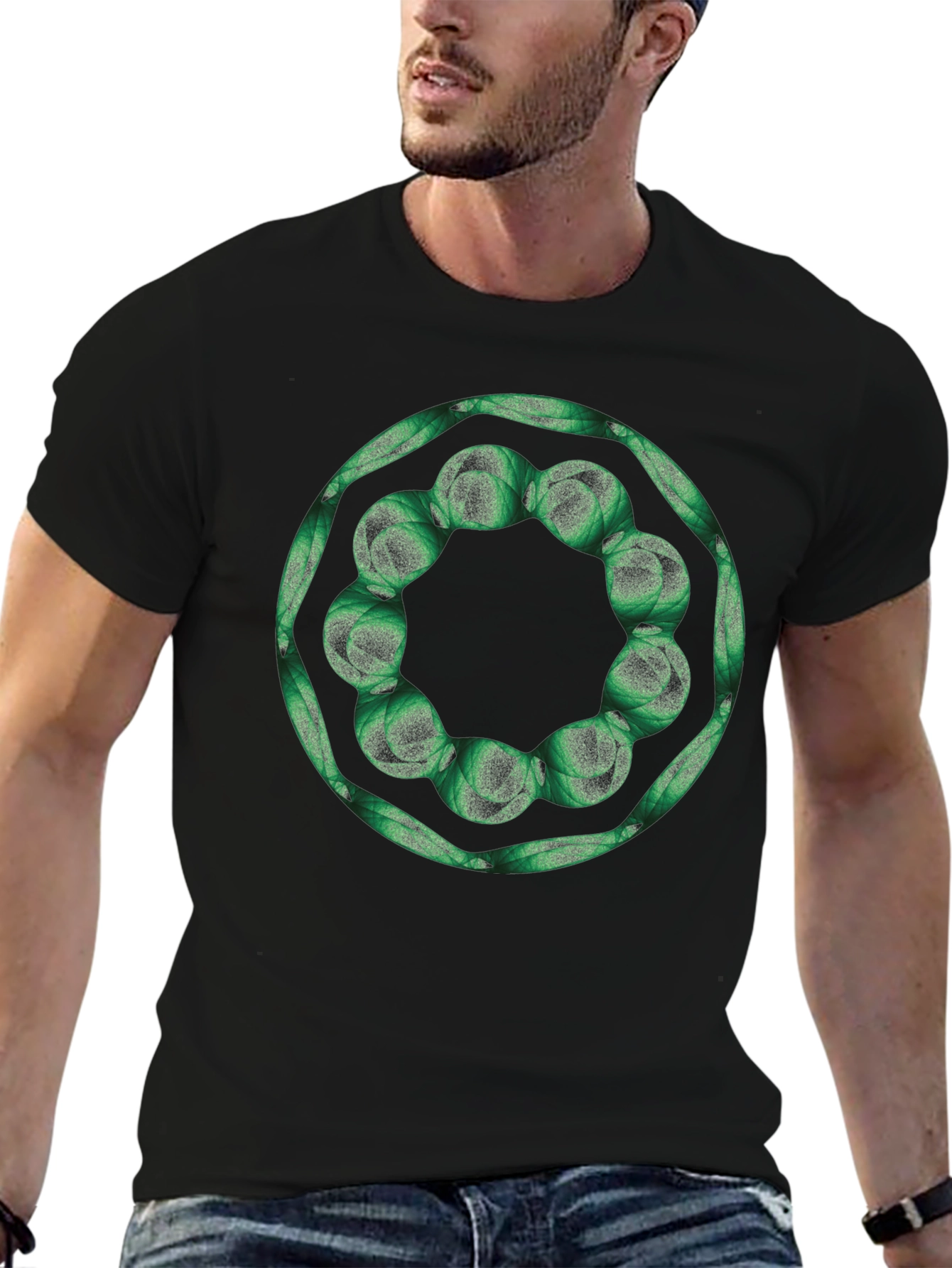 Geometric Green Floral Ring Black T-Shirt