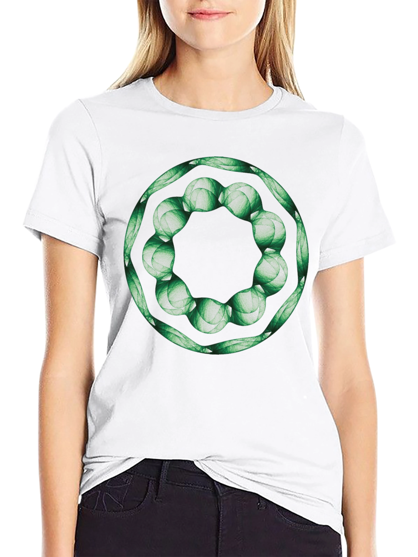 Geometric Green Floral Ring Black T-Shirt