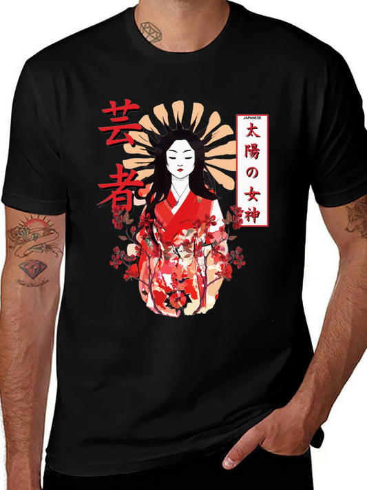 Japanese Geisha Graphic Print Black T-Shirt