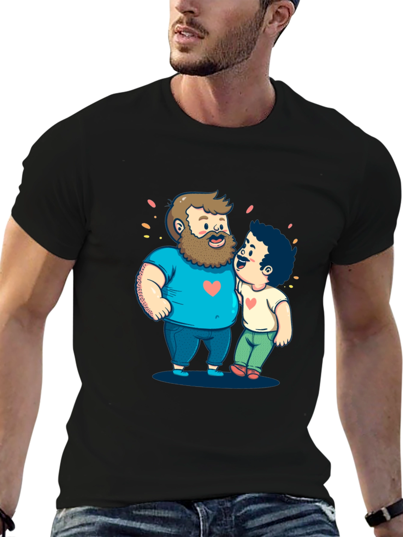 Cartoon Hugging Dads Graphic Tee - Black