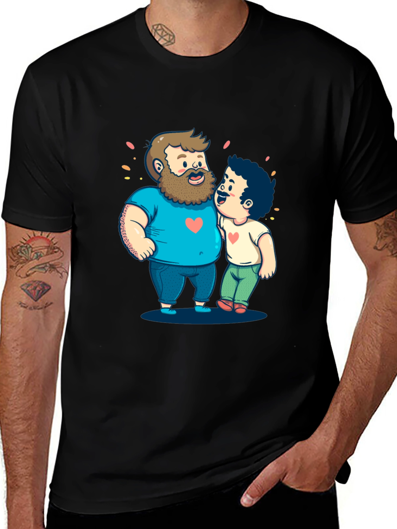 Cartoon Hugging Dads Graphic Tee - Black
