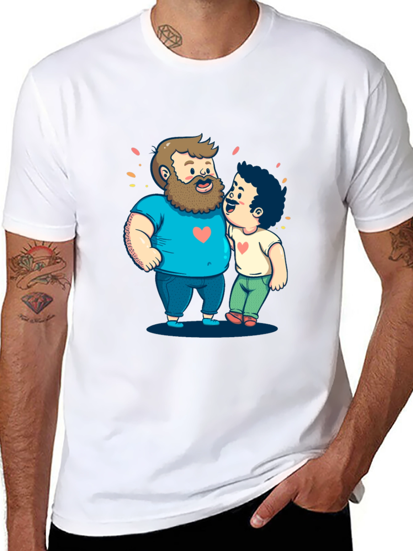 Cartoon Hugging Dads Graphic Tee - Black