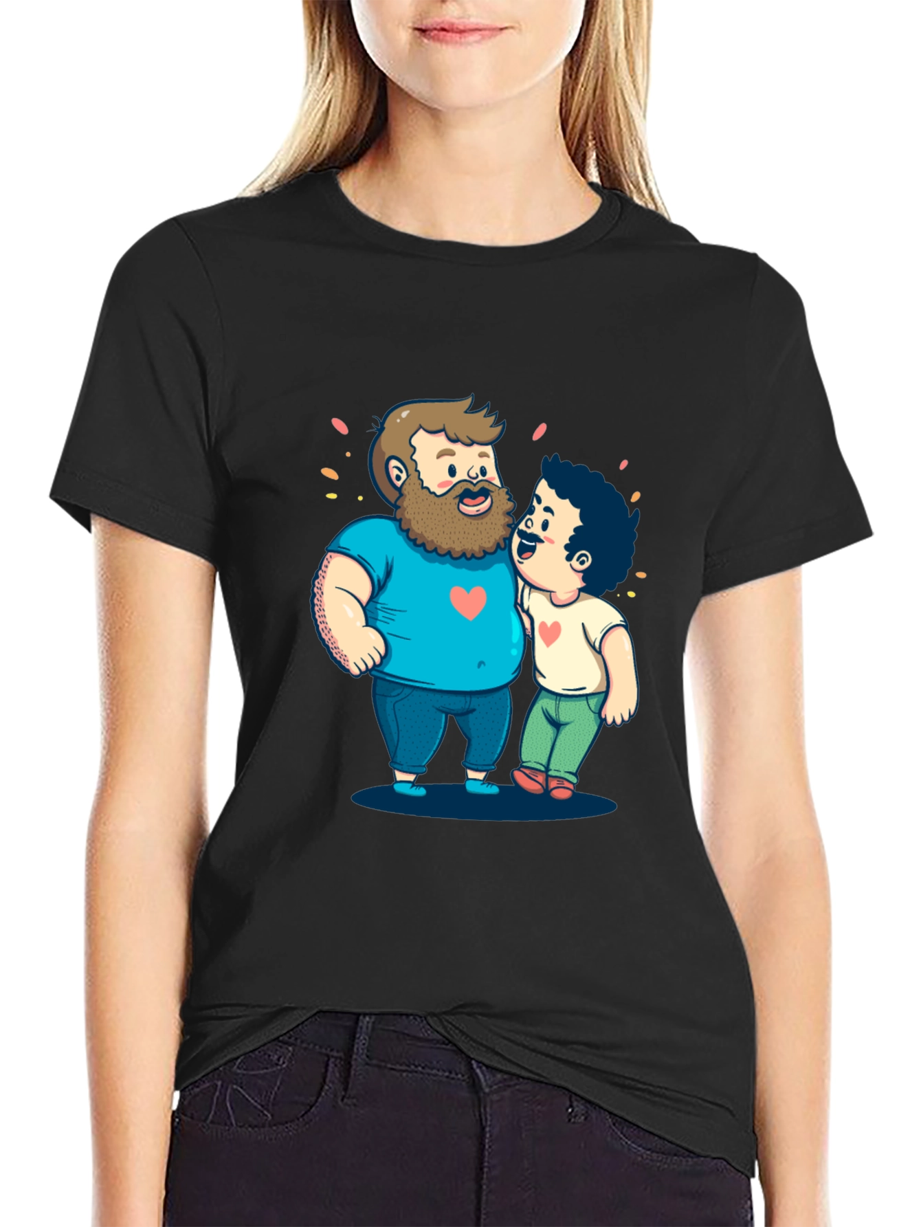 Cartoon Hugging Dads Graphic Tee - Black
