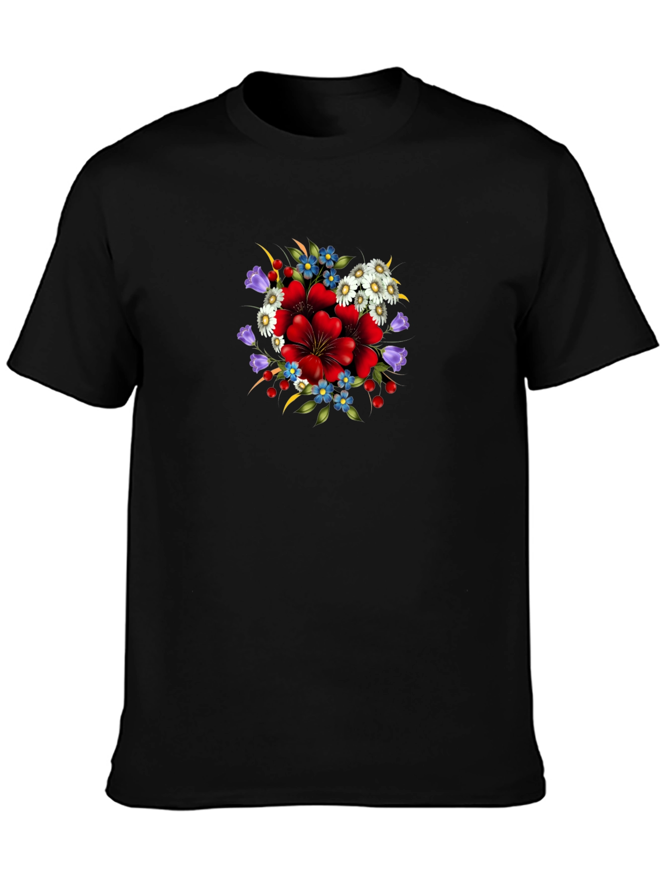 Floral Print Crew Neck Tee - Black