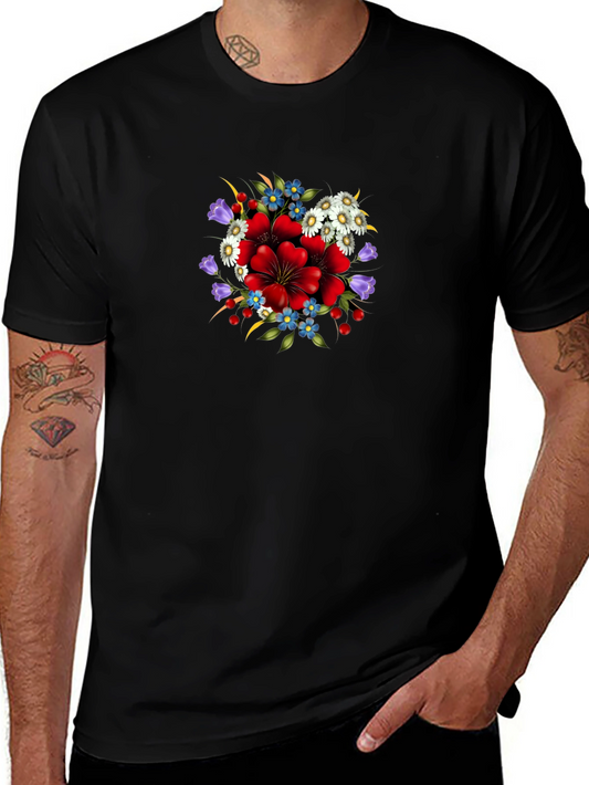 Floral Print Crew Neck Tee - Black