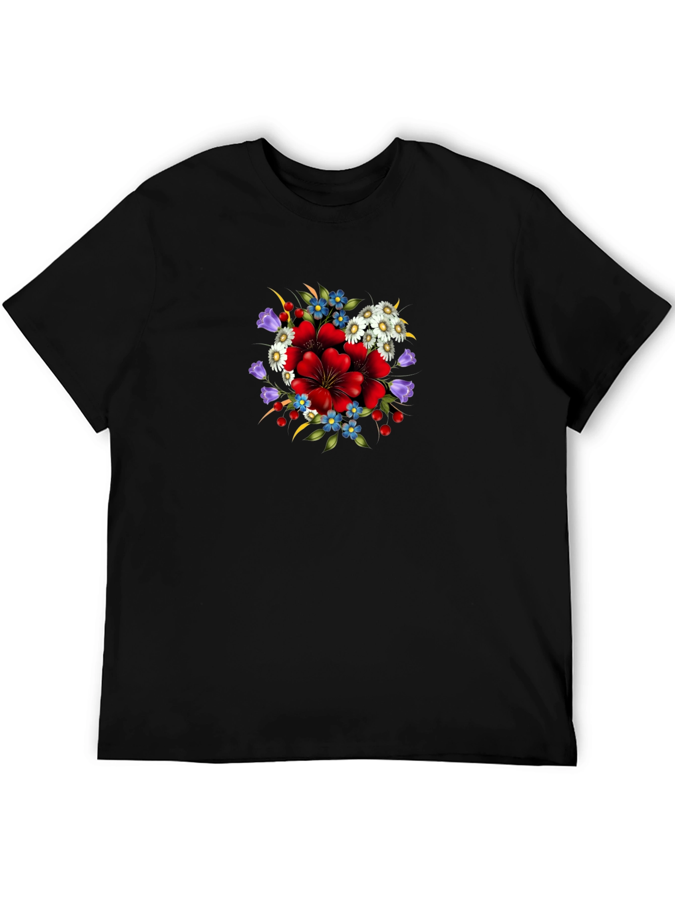 Floral Print Crew Neck Tee - Black
