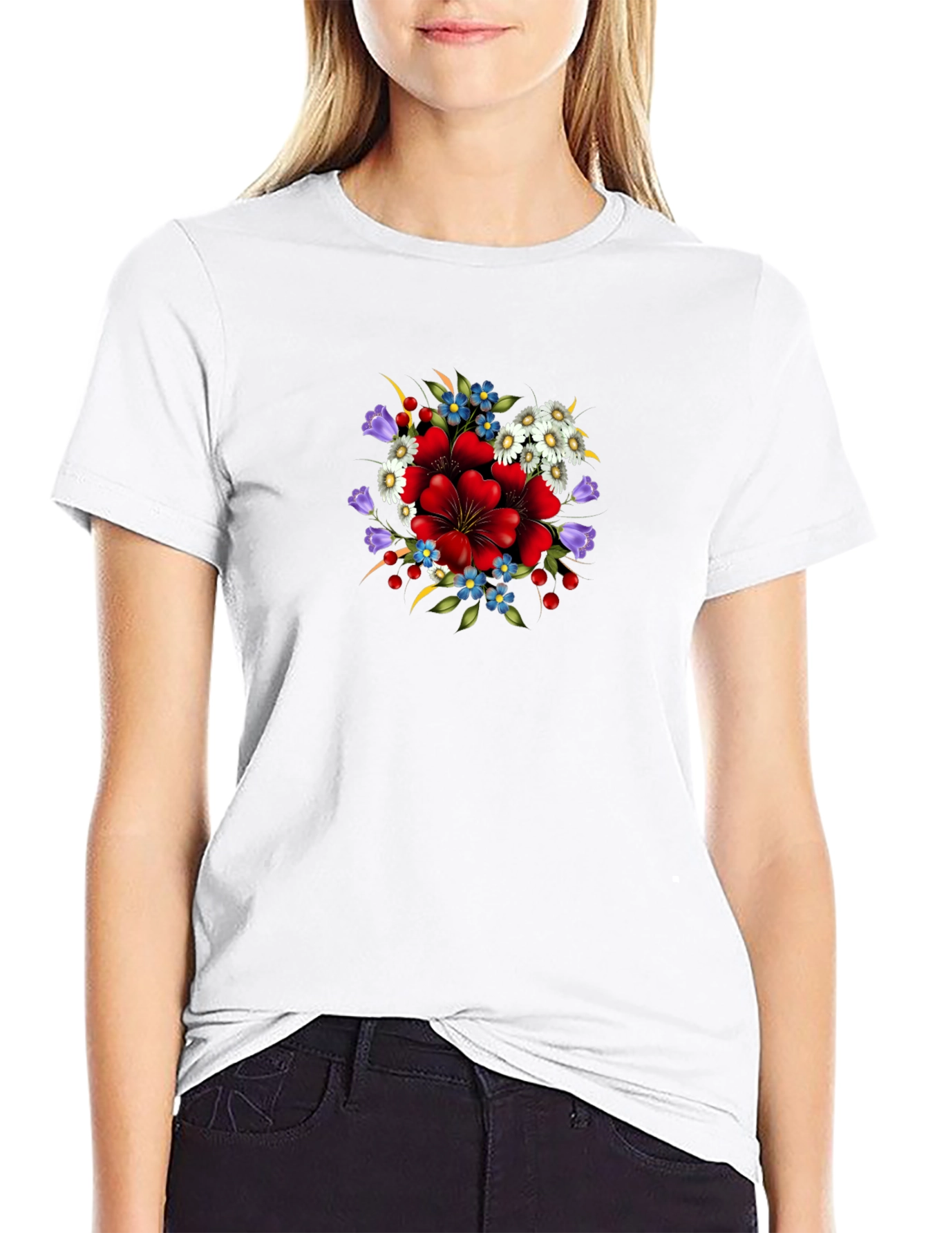 Floral Print Crew Neck Tee - Black