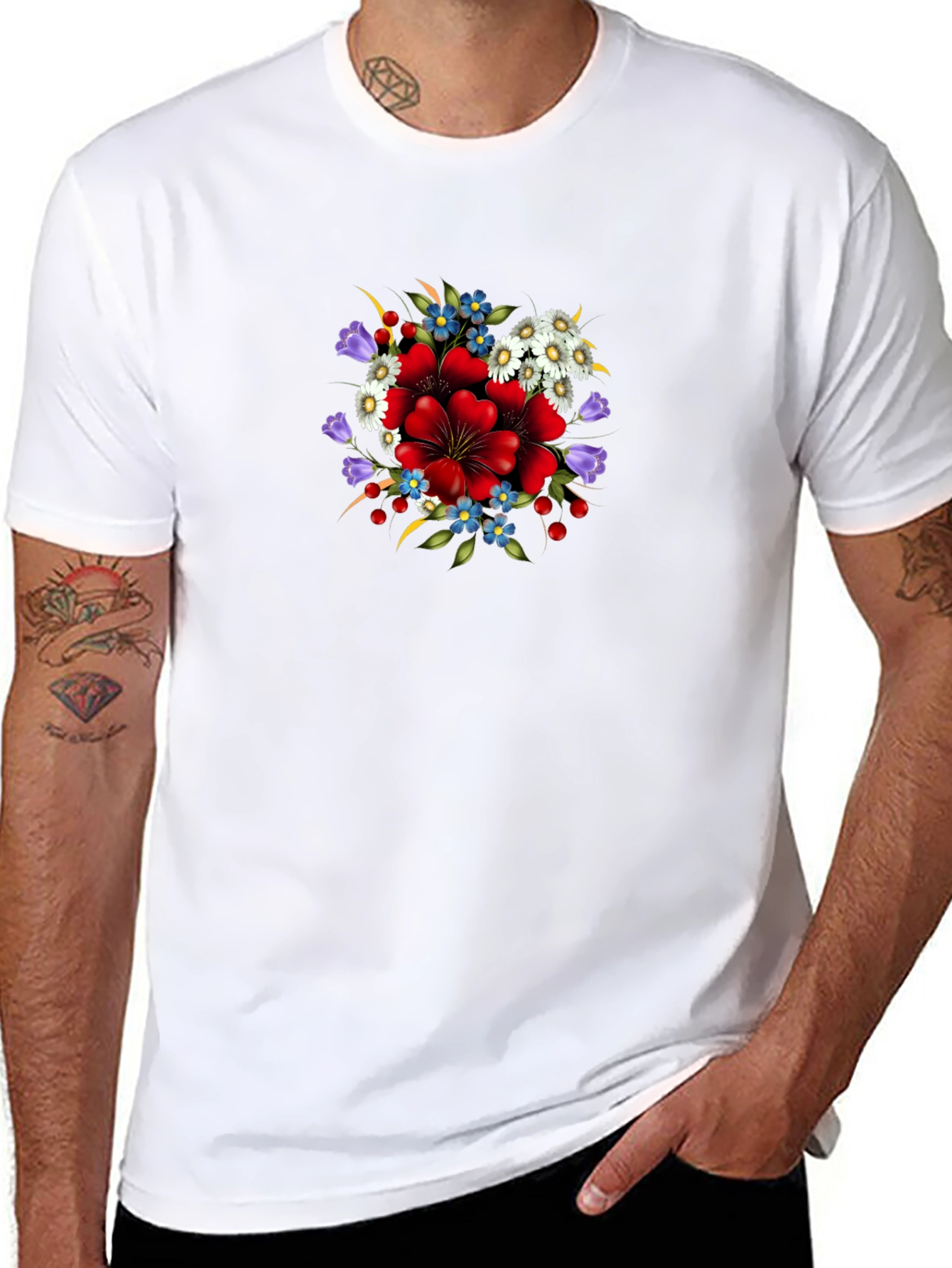 Floral Print Crew Neck Tee - Black
