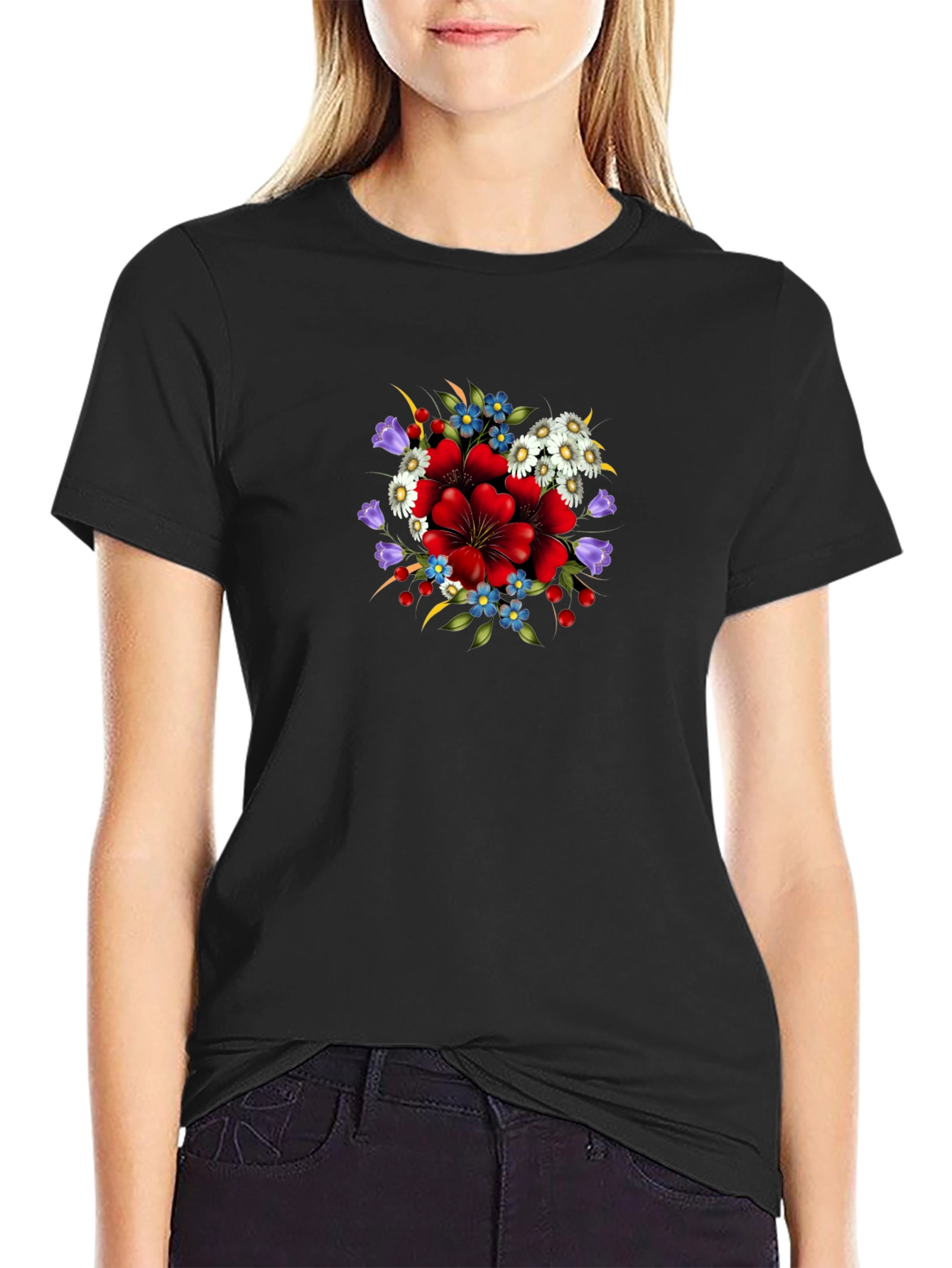 Floral Print Crew Neck Tee - Black