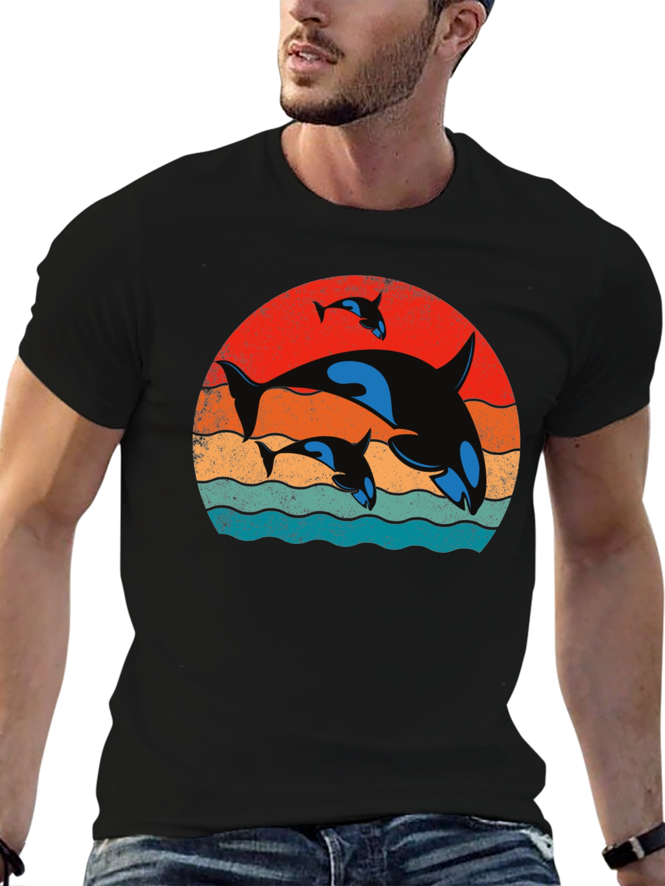 Orca Family Sunset T-Shirt - Black Cotton Tee
