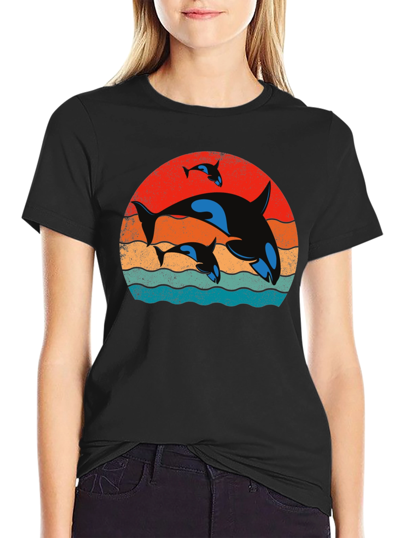Orca Family Sunset T-Shirt - Black Cotton Tee